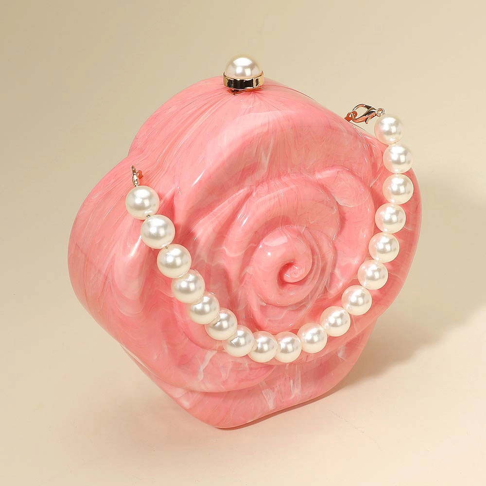 FASHNZFAB Pearl Beaded Handle Rose Clutch Bag Crossbody Bag