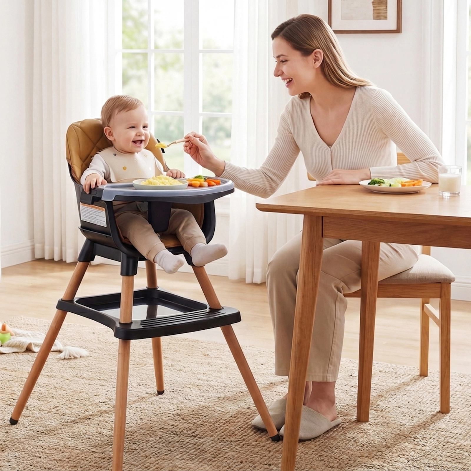 SUGIFT Black Beech Wood Legs PU Seat Cushion and Double Tray 9-in-1 Convertible Baby High Chair