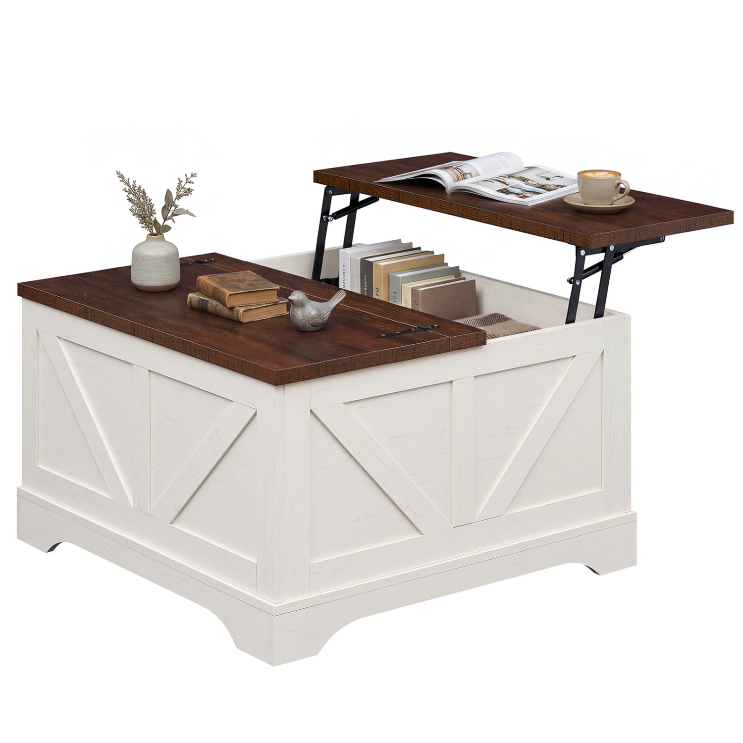Glintex Farmhouse 31.5-Inch Square Lift-Top Table with Barn Door Panels, Rustic Brown + White