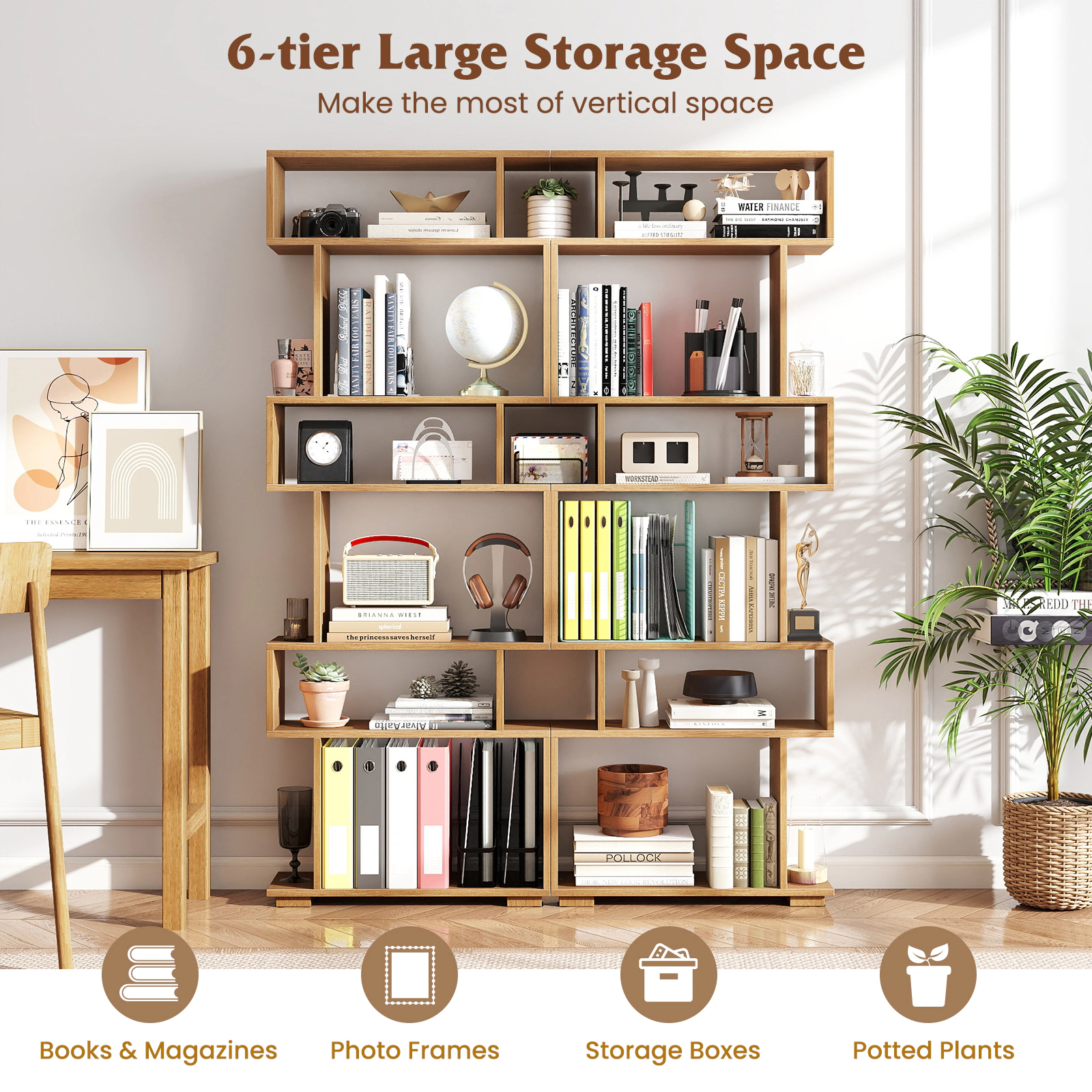SUGIFT 6-Tier Geometric Bookshelf 22-lb Bottom Capacity with Anti-Tipping Kits Natural for Home Office