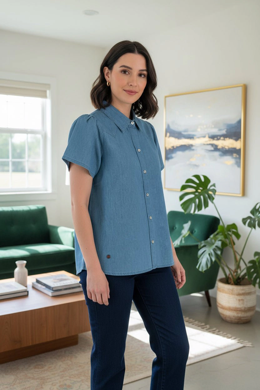 DressAtR Women's Light Blue Denim Half Sleeve Collar Button Up Shirt