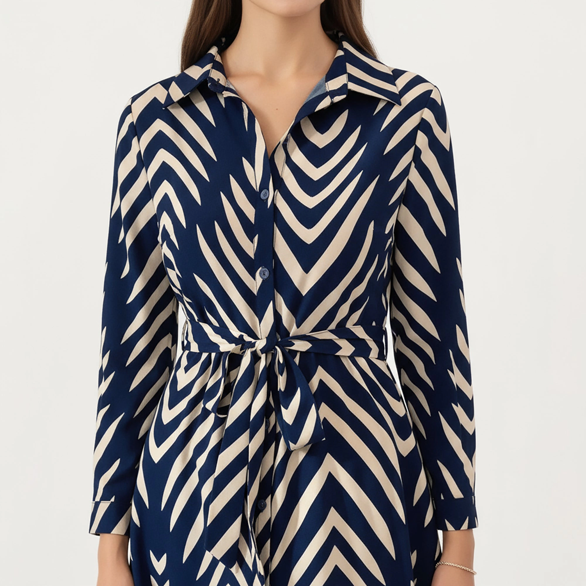 Anna-Kaci Womens Long Sleeve Chevron Print Maxi Shirt Dress