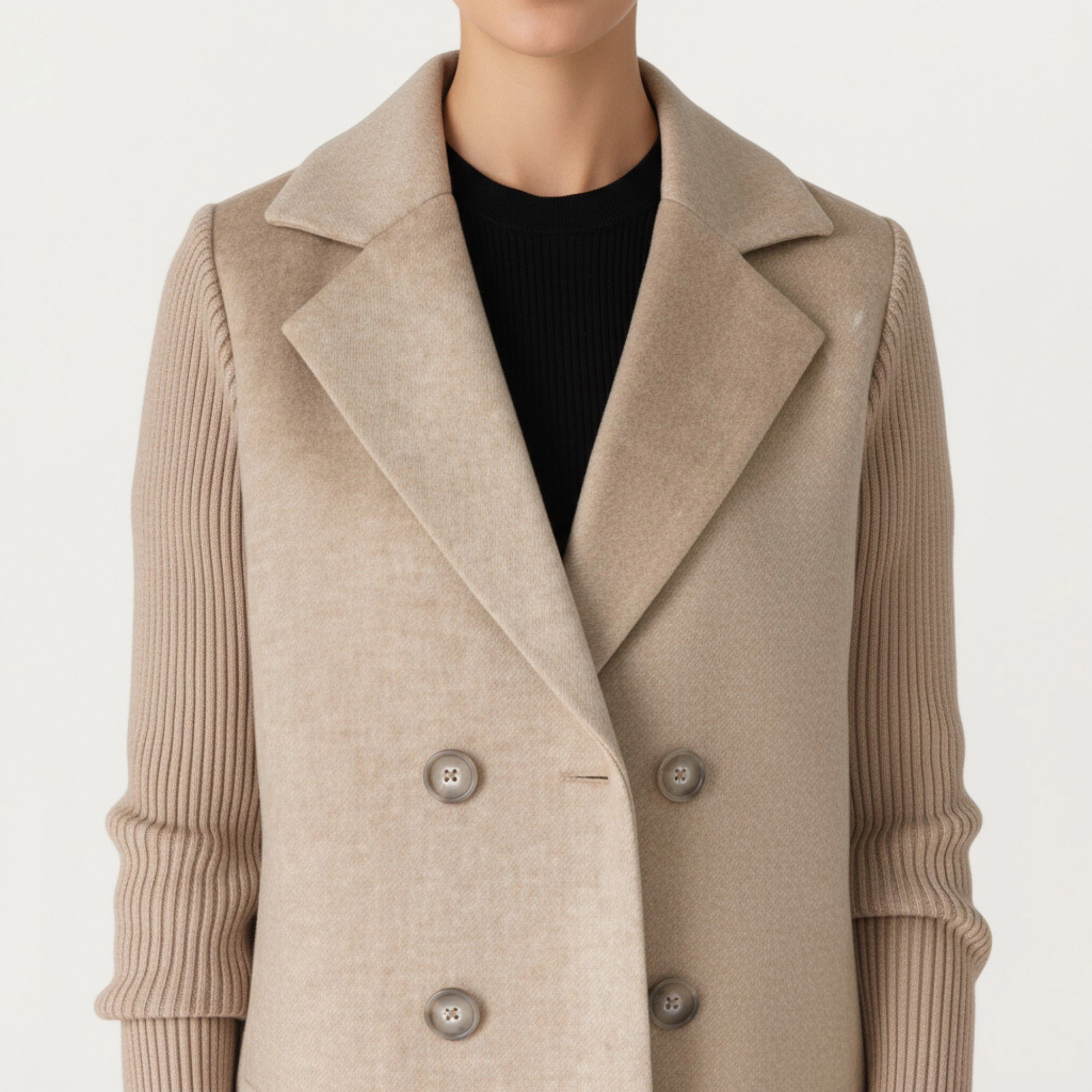 Anna-Kaci Women's Double Breasted Knit Sleeve Peacoat Jacket with Soft Structured Body Relaxed Wide Lapels and Textured