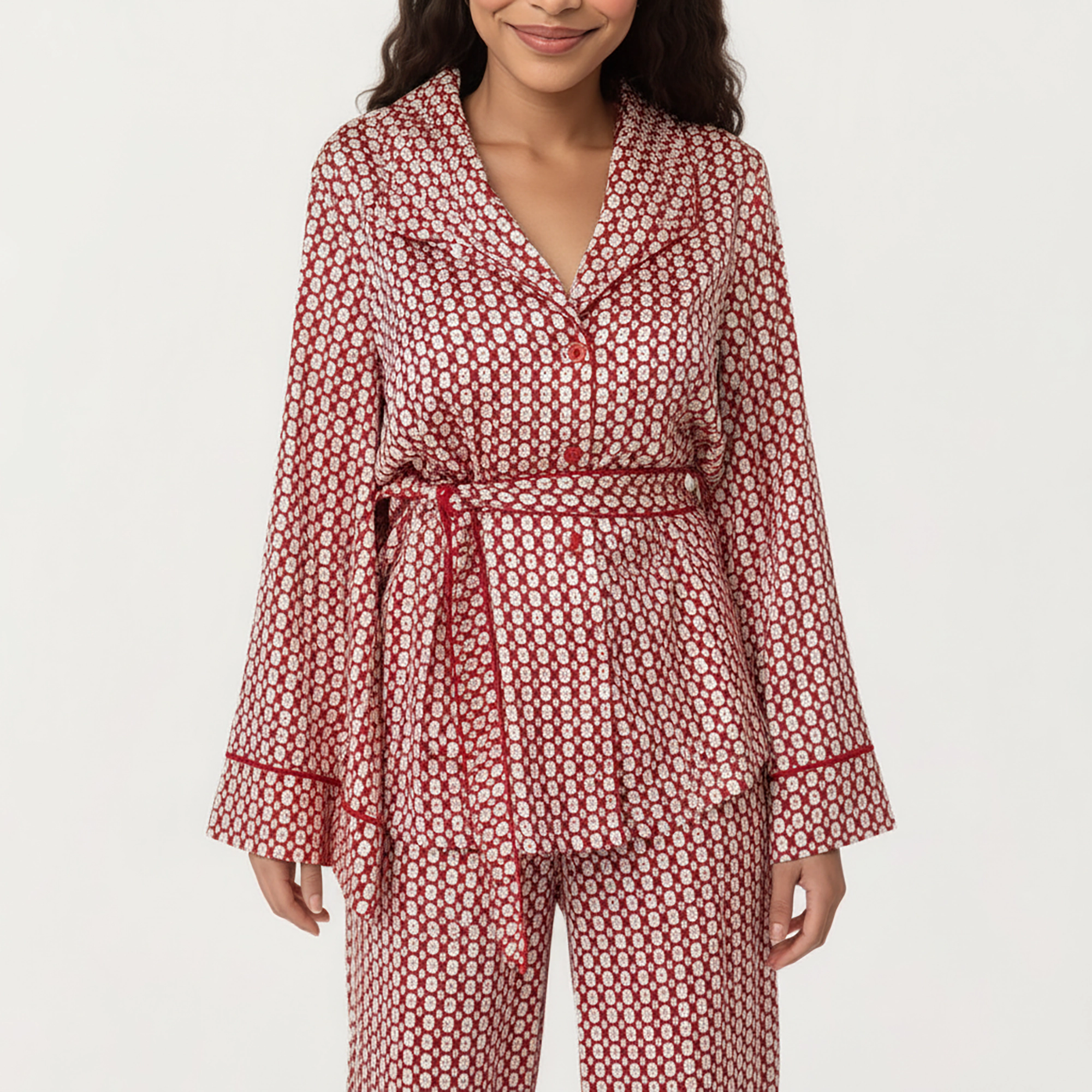 Anna-Kaci Women's Printed Satin Pajama Set Long Sleeve Wrap Top Self-Tie Waist and Full-Length Relaxed Fit Lounge Pants