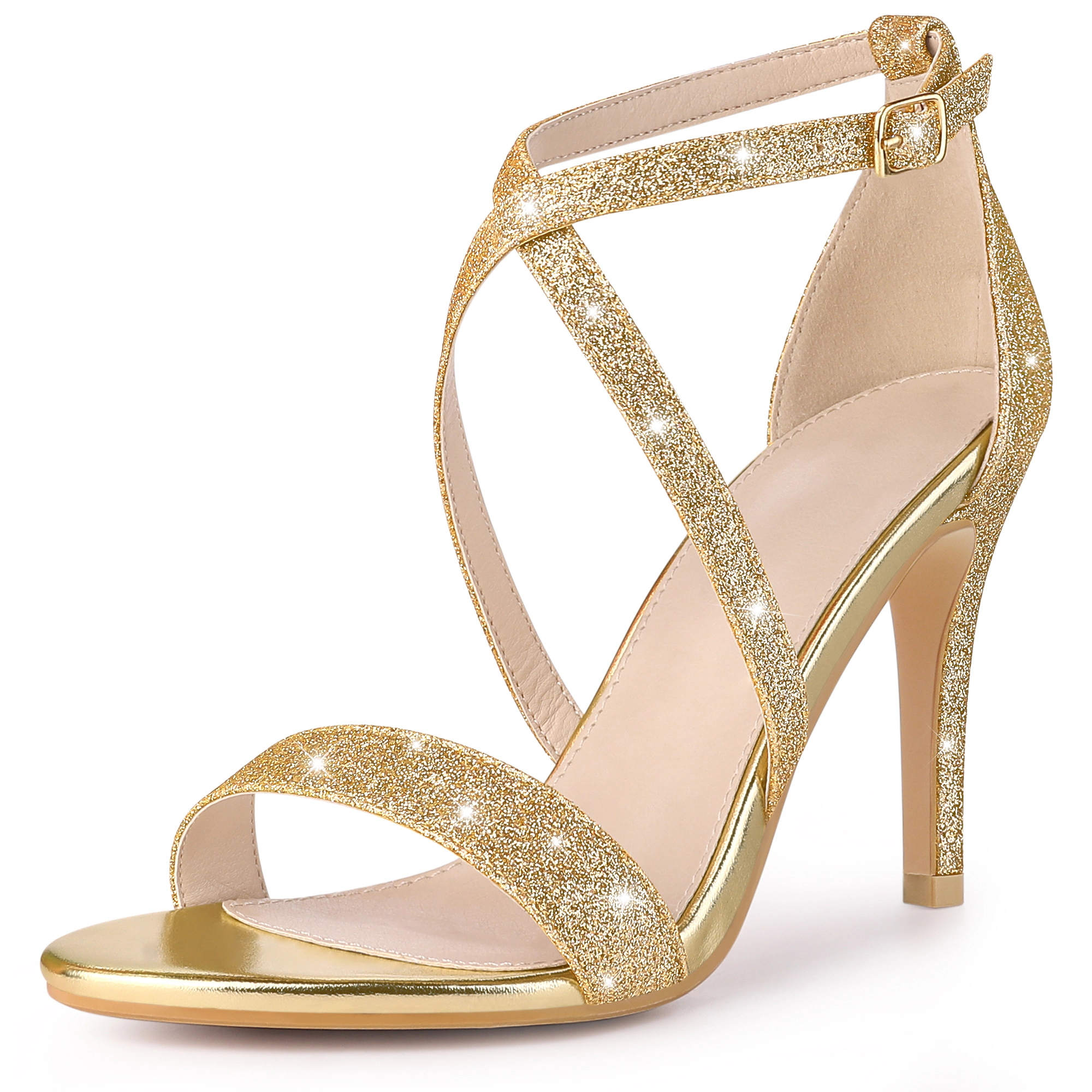 BLISSFUL STEP Women's Glitter Open Toe Crisscross Strappy Stiletto Heel Sandals