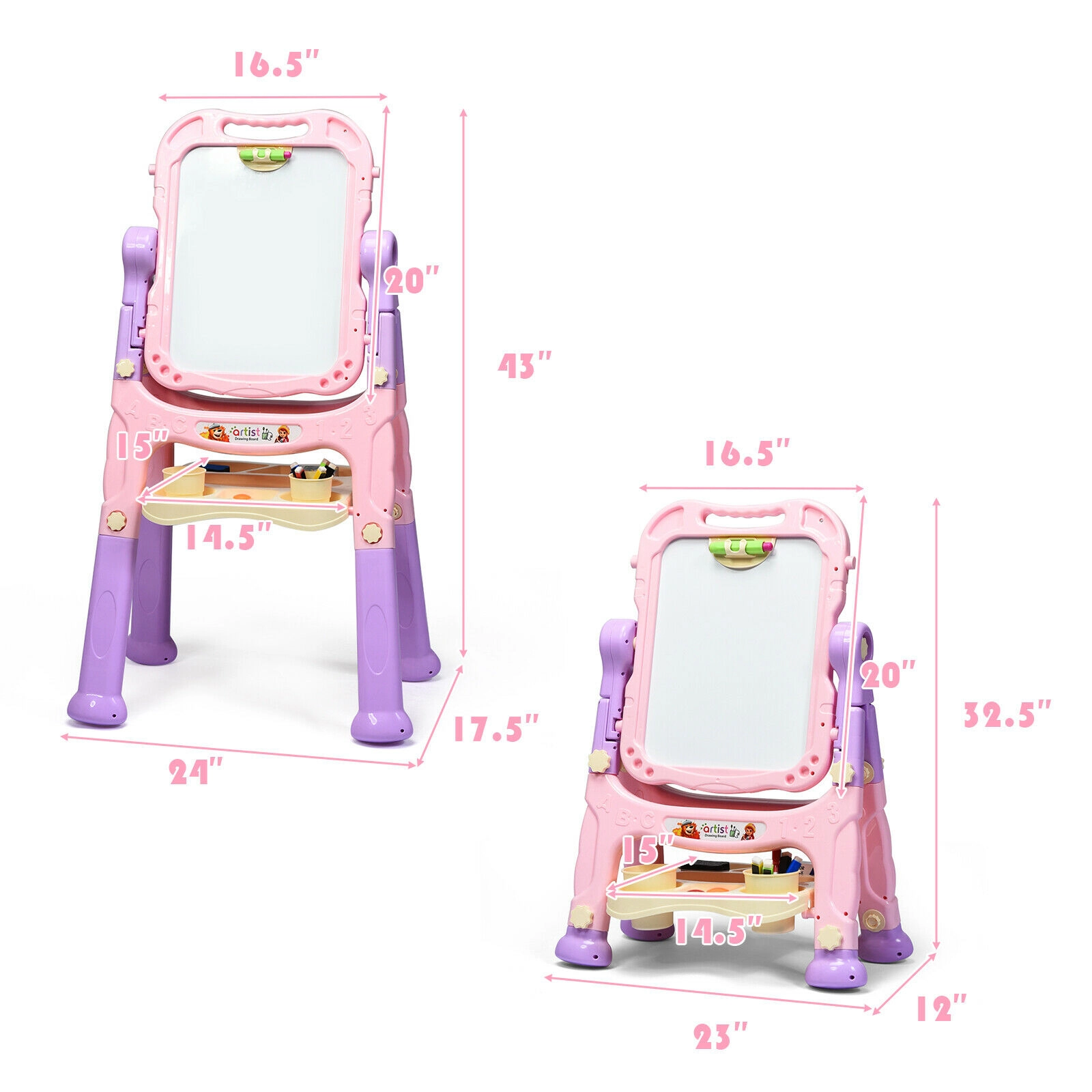 SUGIFT Pink Height Adjustable Kids Art Easel with Magnetic Double-Sided Board