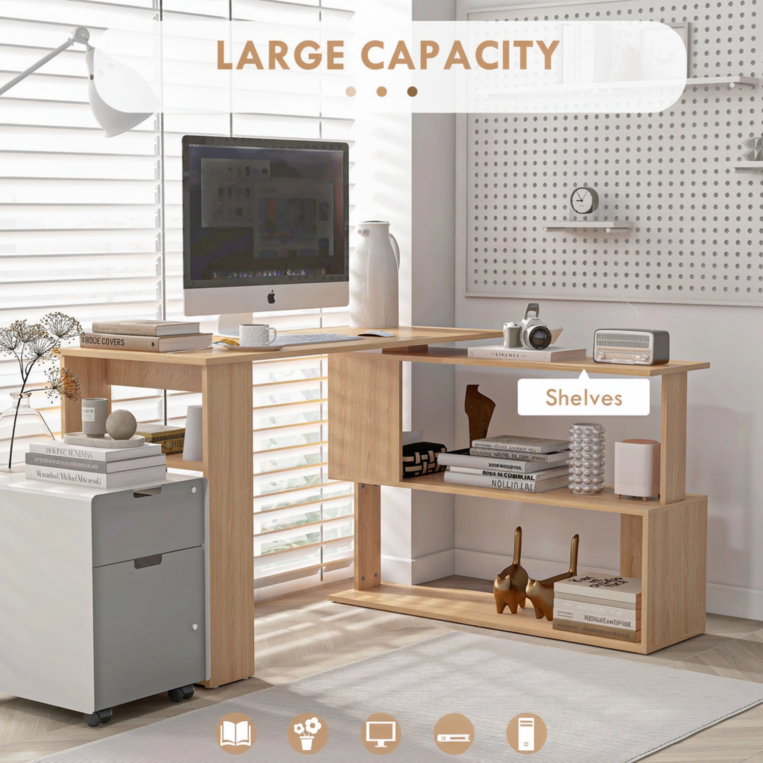HONGGE 360-Degree Rotating L-Shaped Corner Computer Desk with Storage Shelves and Bookcase