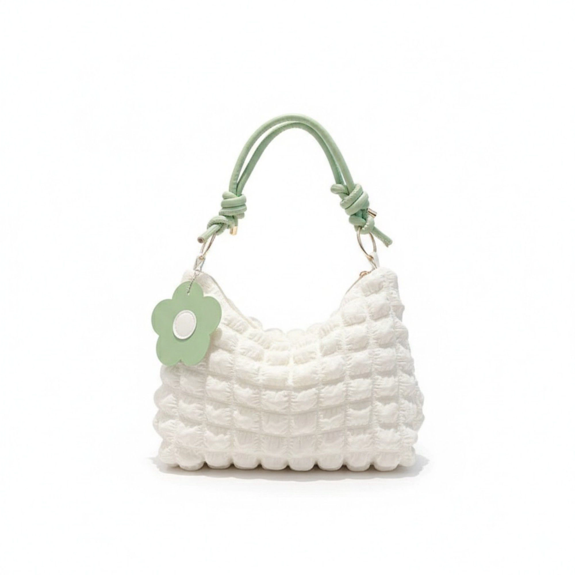 Alilang Women's Textured Shoulder Bag with Quilted Bubble Design Contrast Knot Handle and Flower Charm Accent