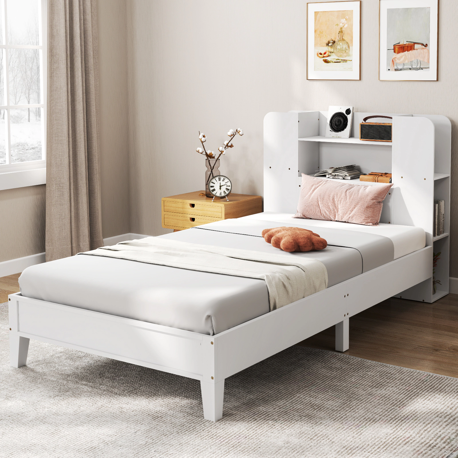SUGIFT Twin Wood Platform Bed with Bookcase Headboard, 6 Storage Compartments, White