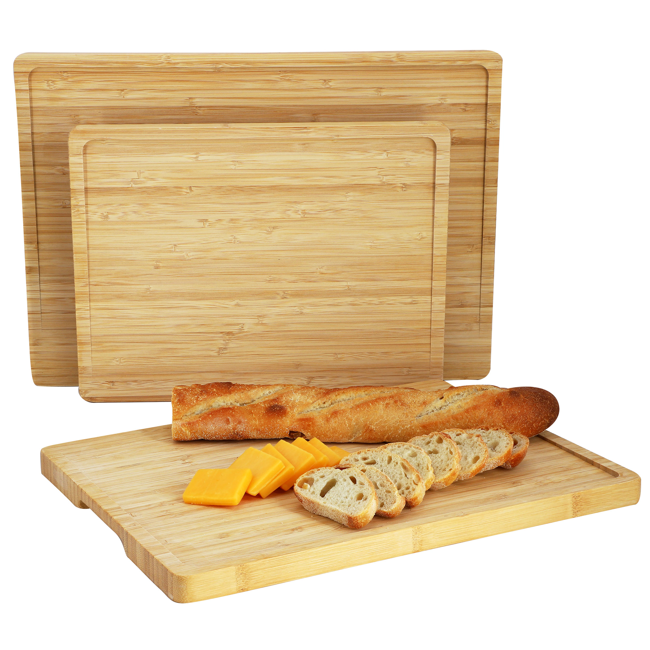 MegaChef 3 Piece Bamboo Cutting, Prep and Serving Boards with Slanted Juice Groove