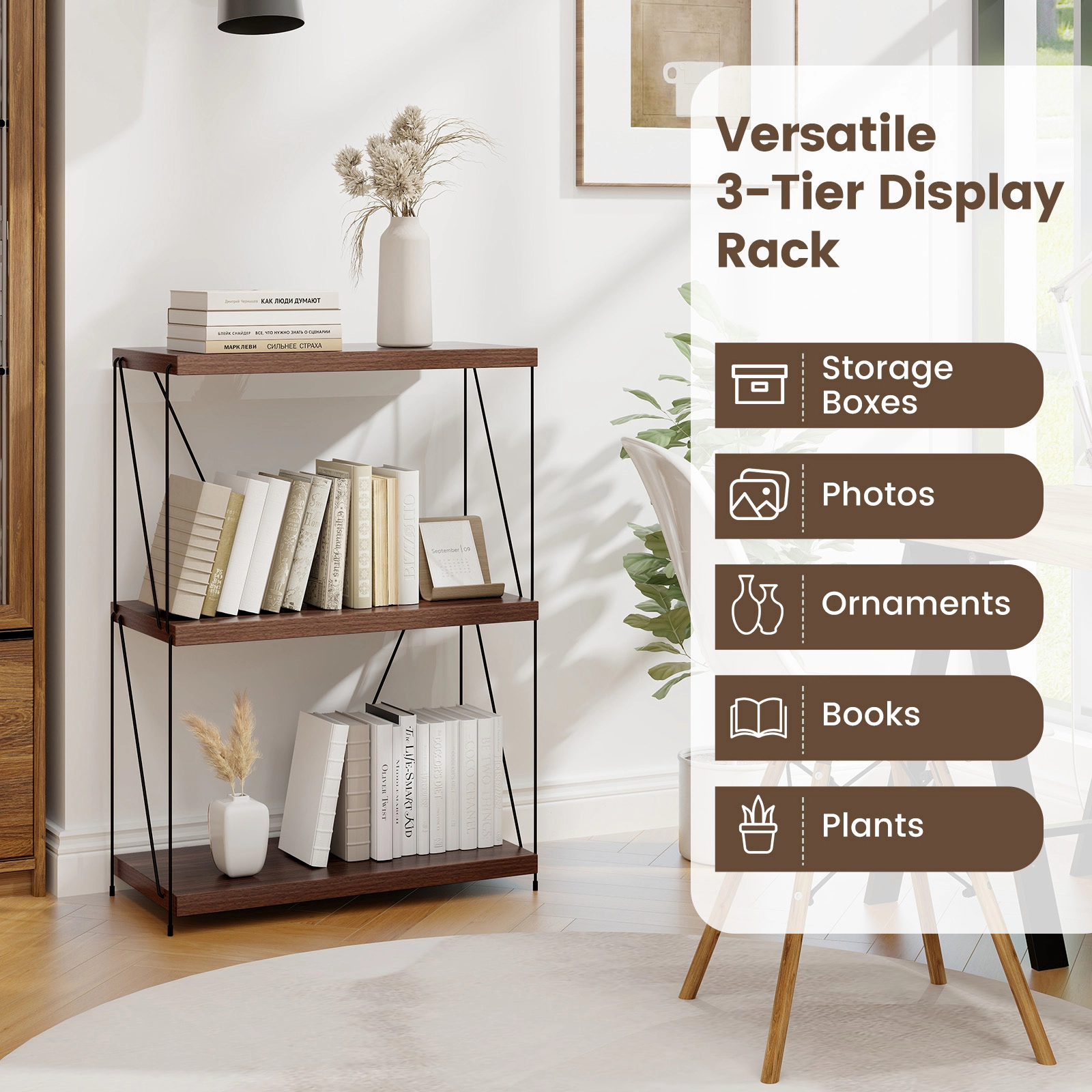 SUGIFT 2/3/4/5-Tier Multipurpose Bookcase Display Rack with Metal Frame 45-lb Per Shelf Capacity 18-58-in Heights Walnut