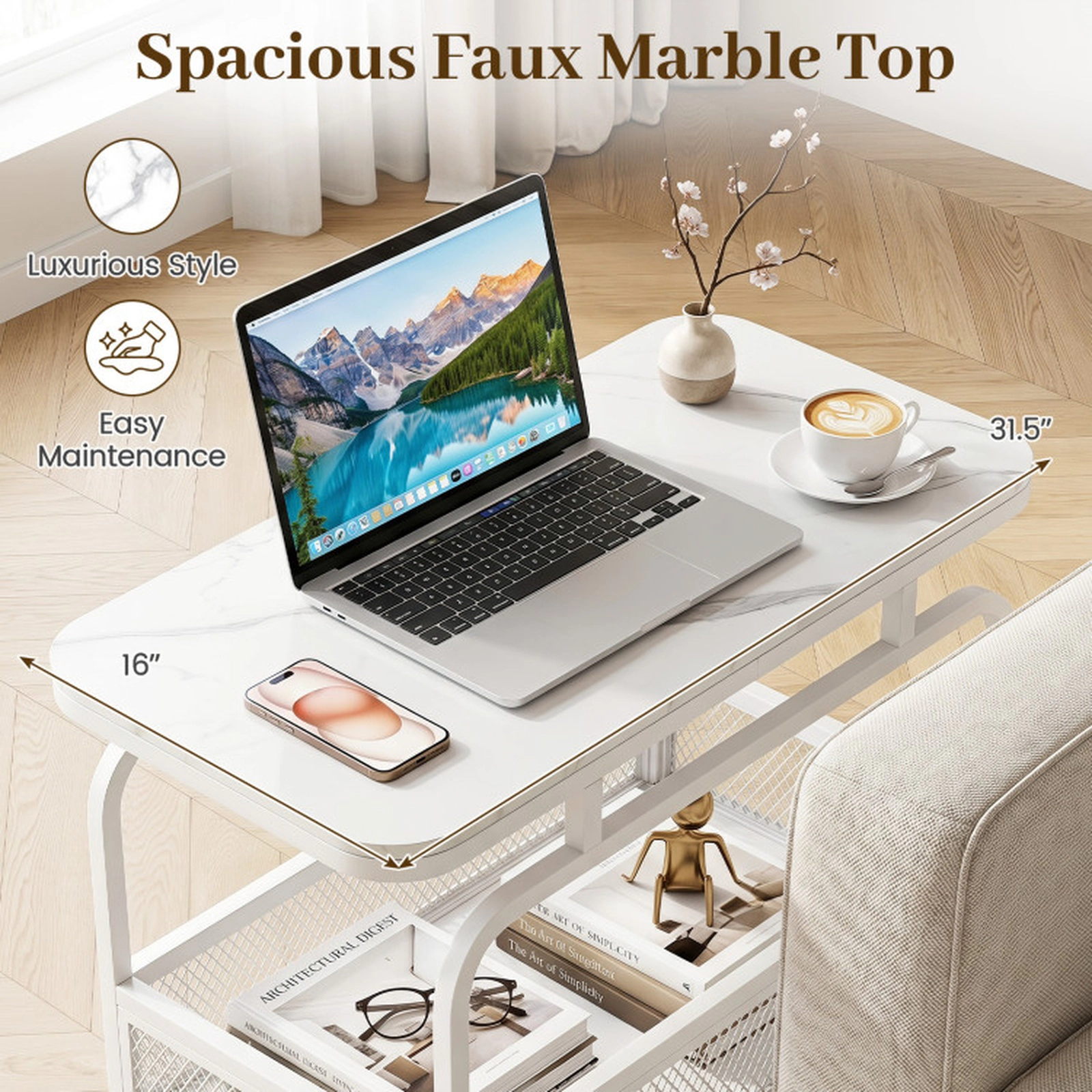 SUGIFT 31.5 in Rolling Side Table White with Faux Marble Top and Mesh Storage Basket