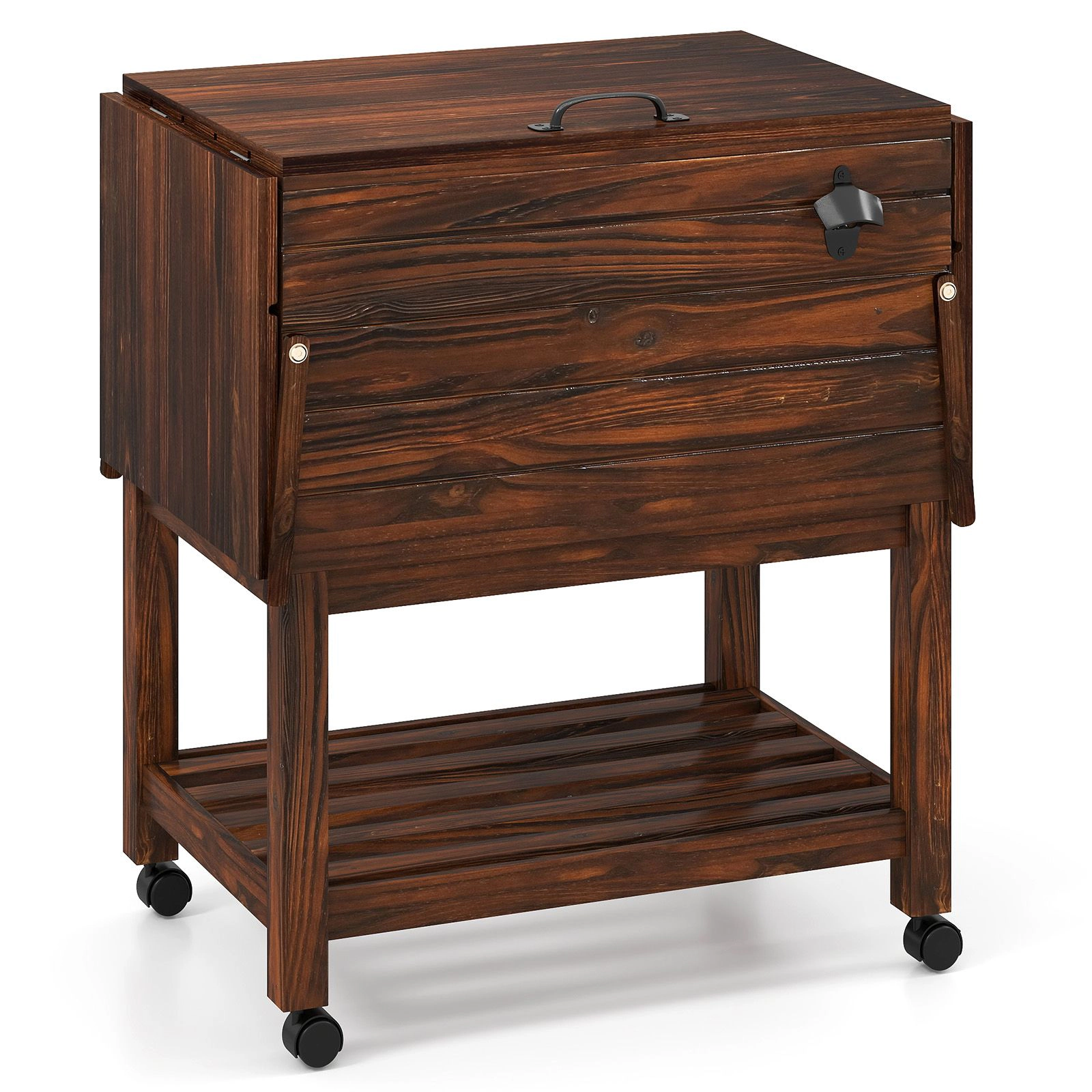 SlickBlue 54 Quart Wooden Patio Cooler Cart with Wheels and Storage Shelves