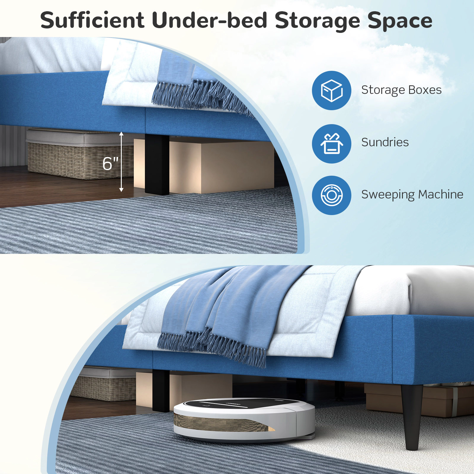 SUGIFT Button Tufted Wingback Upholstered Queen Platform Bed Frame 550-lb Capacity 81-in Long 12-in Footboard Blue Gray