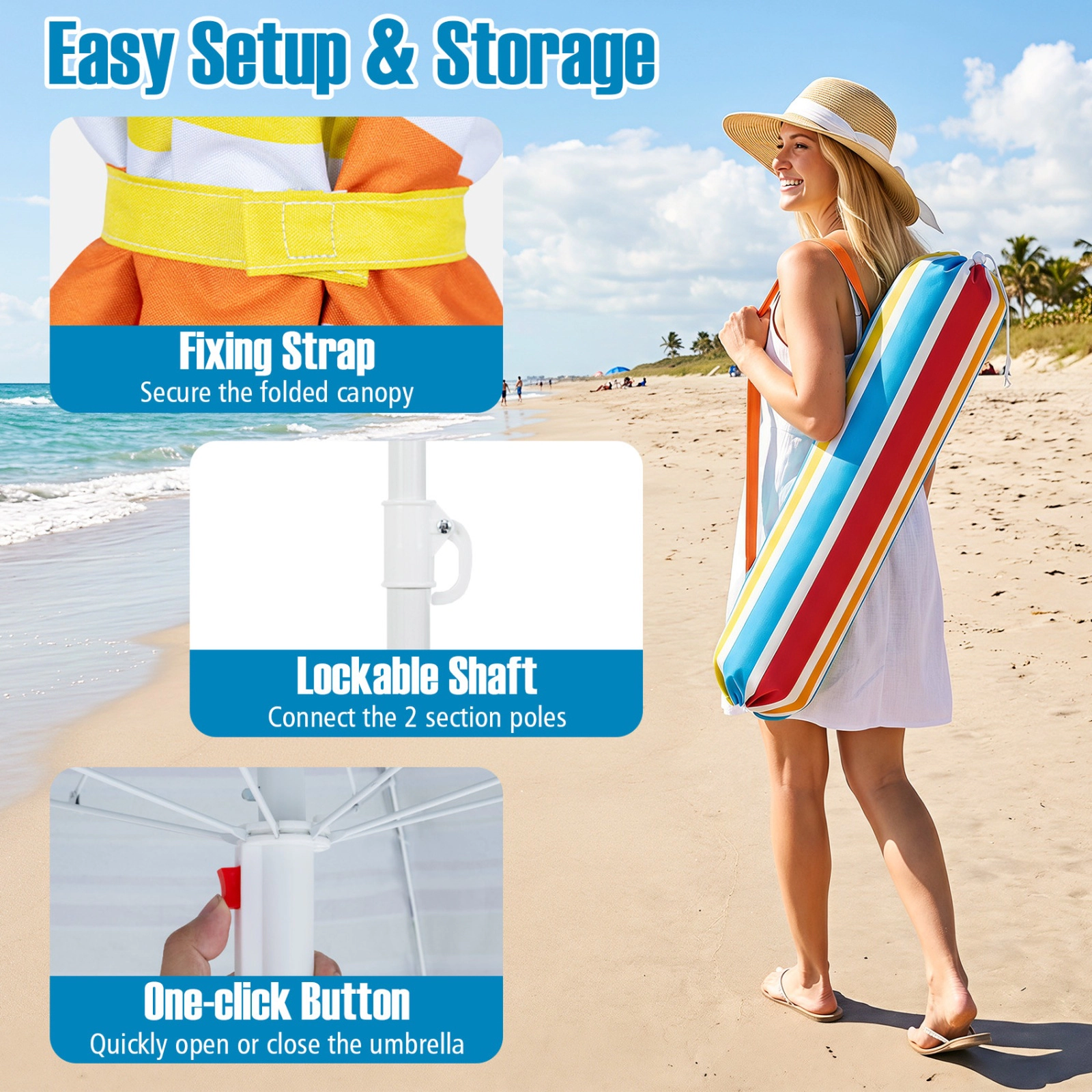 SUGIFT 6.5-ft Rainbow UPF 50+ Beach Umbrella with Sand Anchor Tilt Pole 2 Cup Holders and Carry Bag