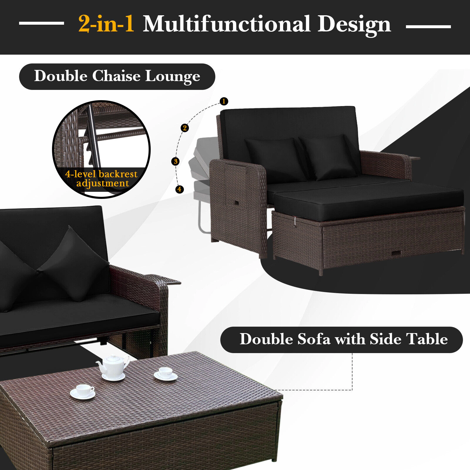 SUGIFT Black 4-Level Adjustable Backrest and Retractable Side Tray Patio Rattan Daybed