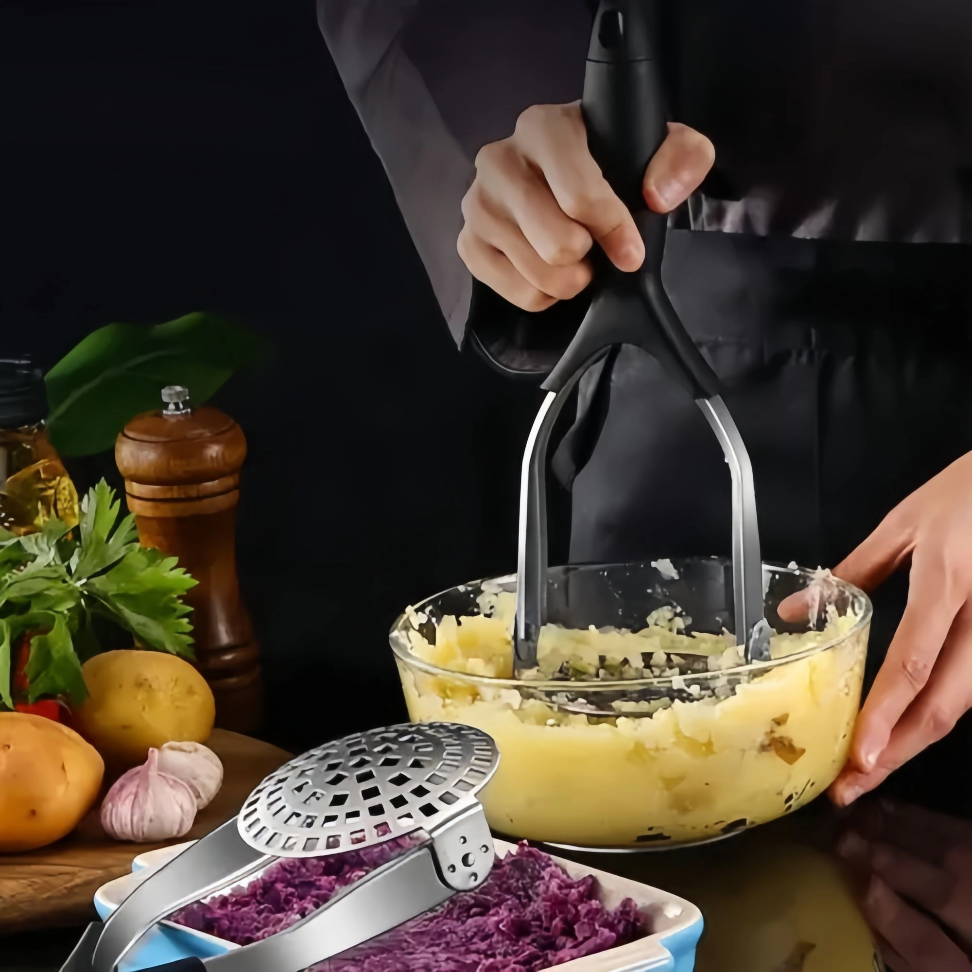 Alilang Women Stainless Steel Potato Masher with Ergonomic Handle for Mashed Potatoes and Vegetables
