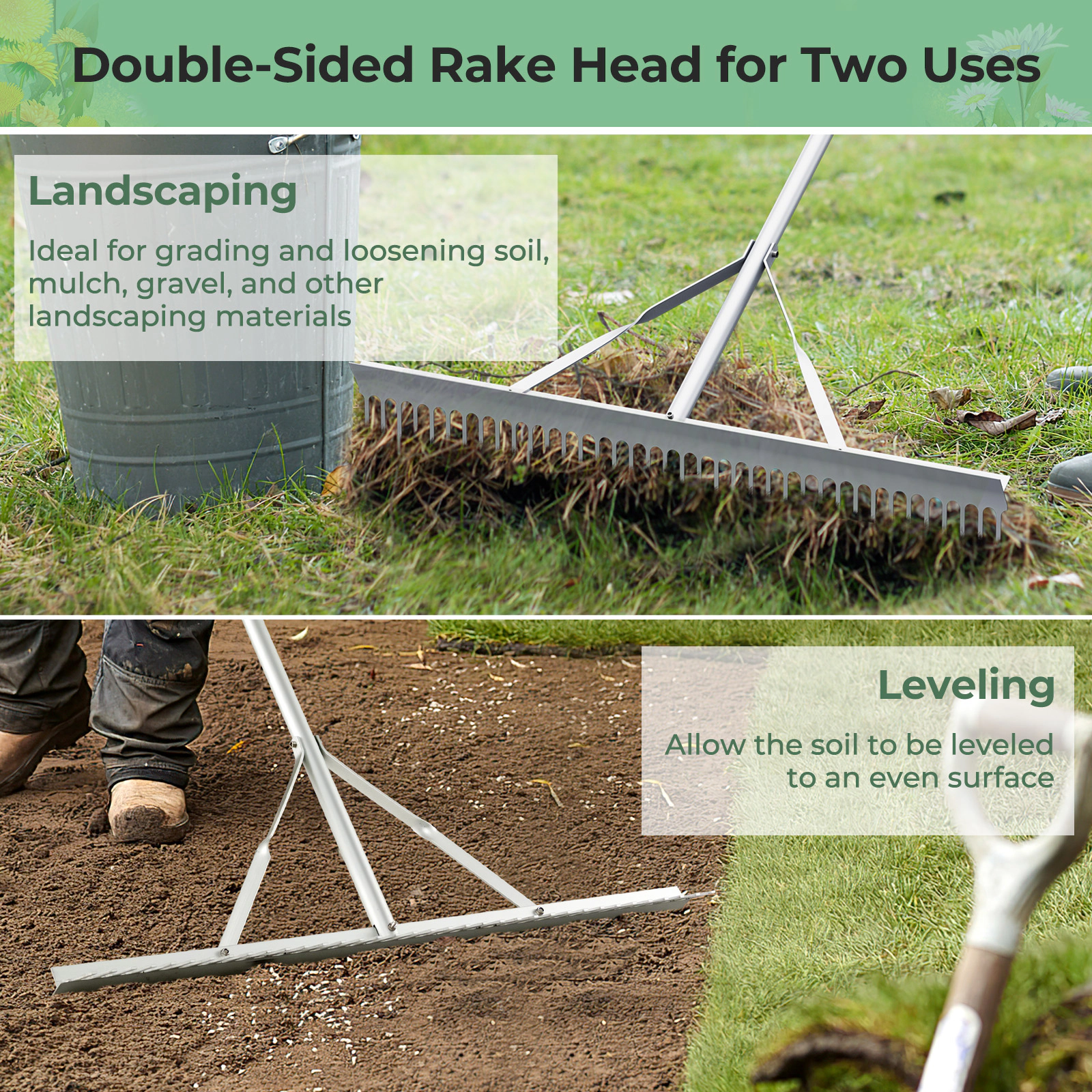 SUGIFT 36 in Aluminum Landscape Rake Silver with 68 in Handle and Close Set Tines