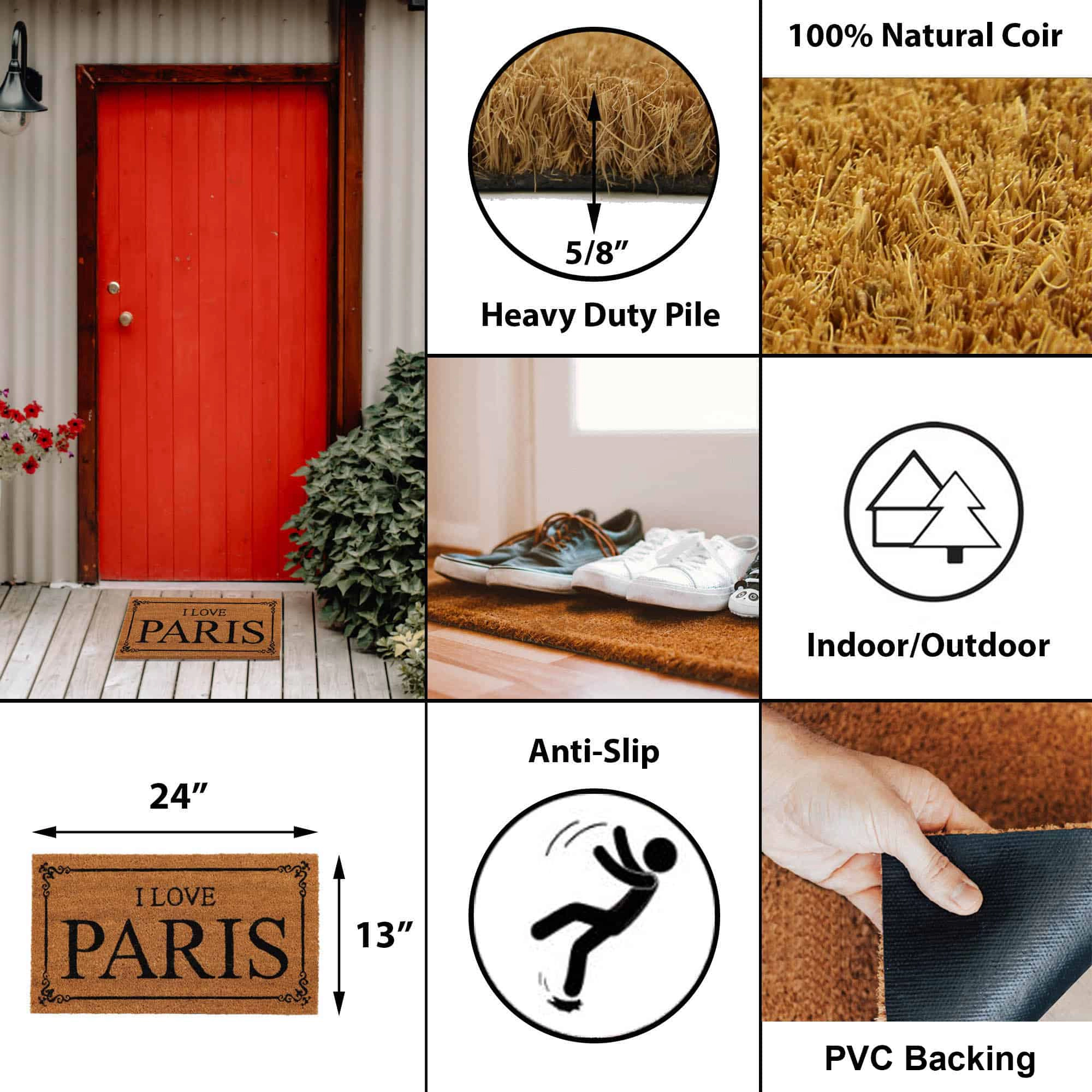 Evideco French Home Goods Natural I Love Paris Coir Doormat 24 x 13 Inches