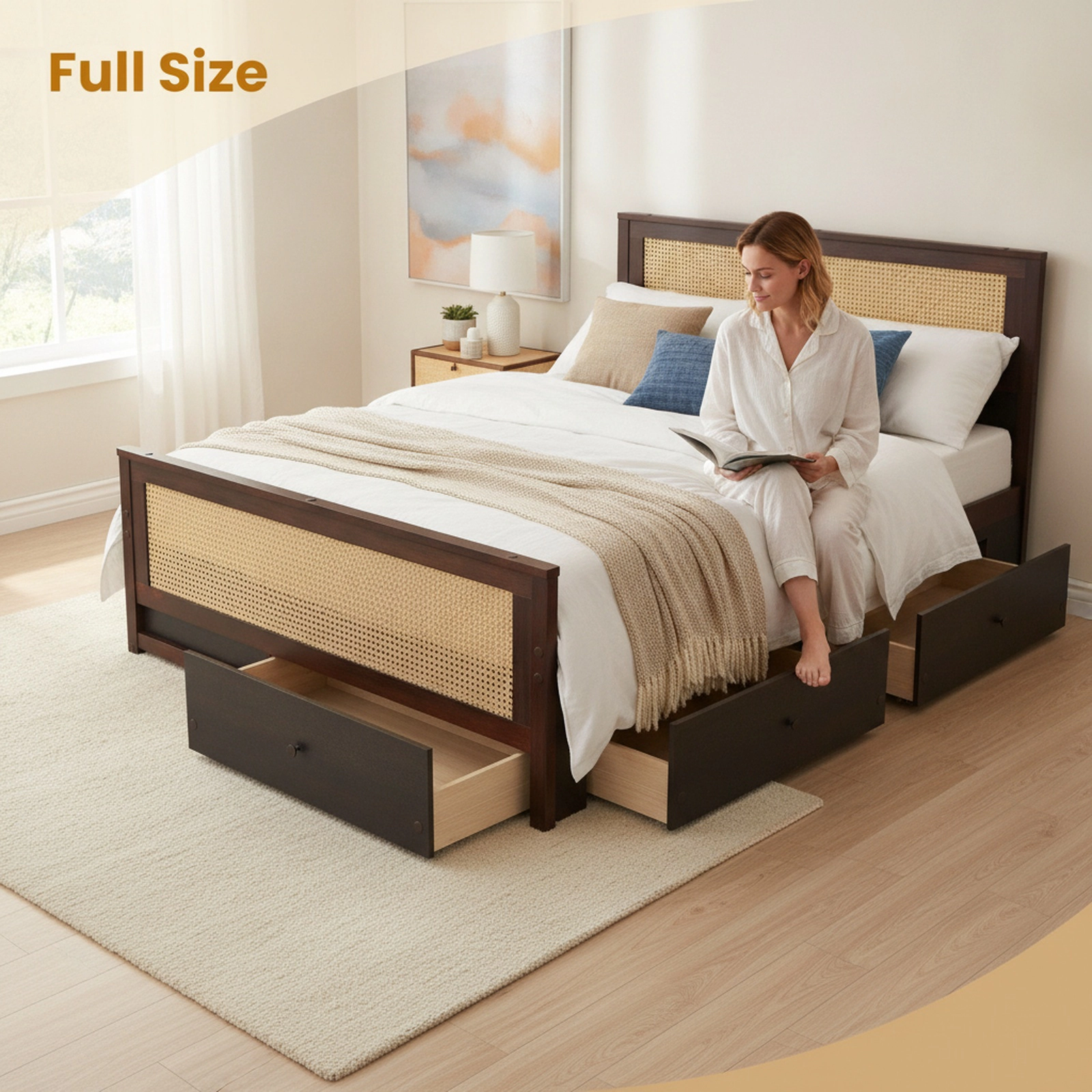 SUGIFT Full Rattan Platform Bed with Woven Boho Headboard and 2 Storage Drawers, Rustic Brown