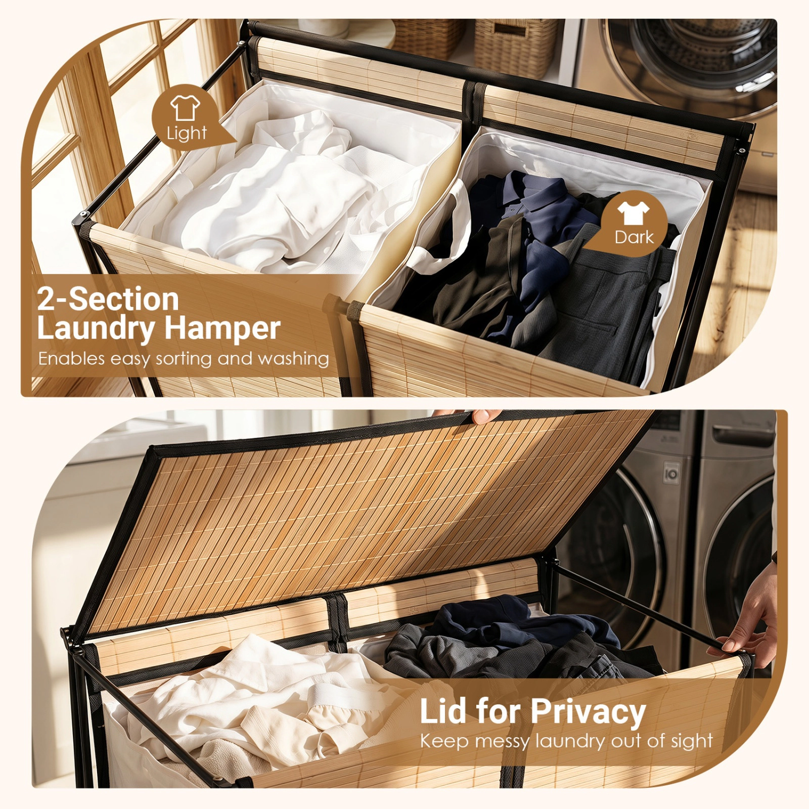 SUGIFT 18.5 Gallon Laundry Hamper Natural 2-Section with Lid and Lockable Wheels