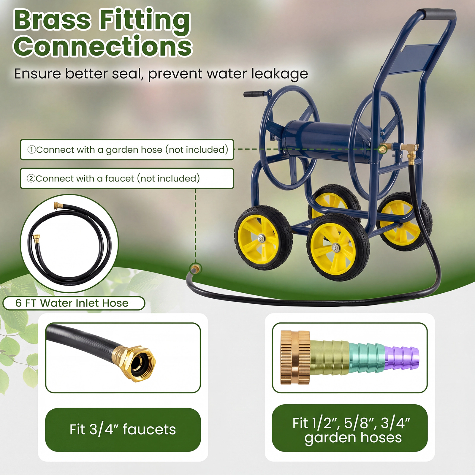 SUGIFT Navy Garden Hose Reel Cart with 4 Wheels Brass Fittings and Metal Frame for 330-ft of 5/8-in Hose