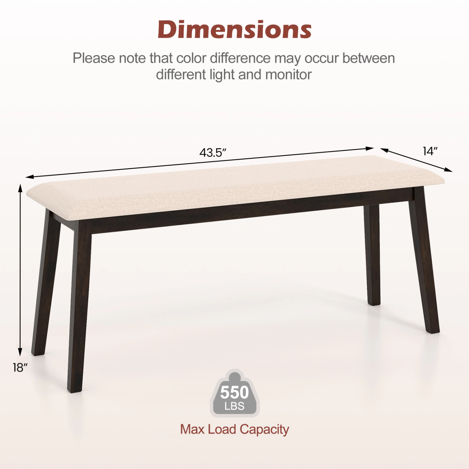 LJG 43.5 Inch Upholstered Entryway Bench with Rubber Wood Frame