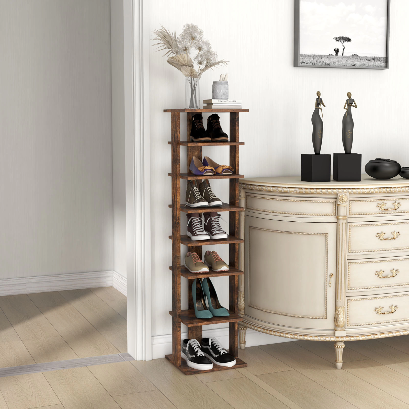 SUGIFT 7-Tier Rustic Brown 43-in Tall Narrow Vertical Wood Shoe Rack Storage Tower for Hallway Entryway