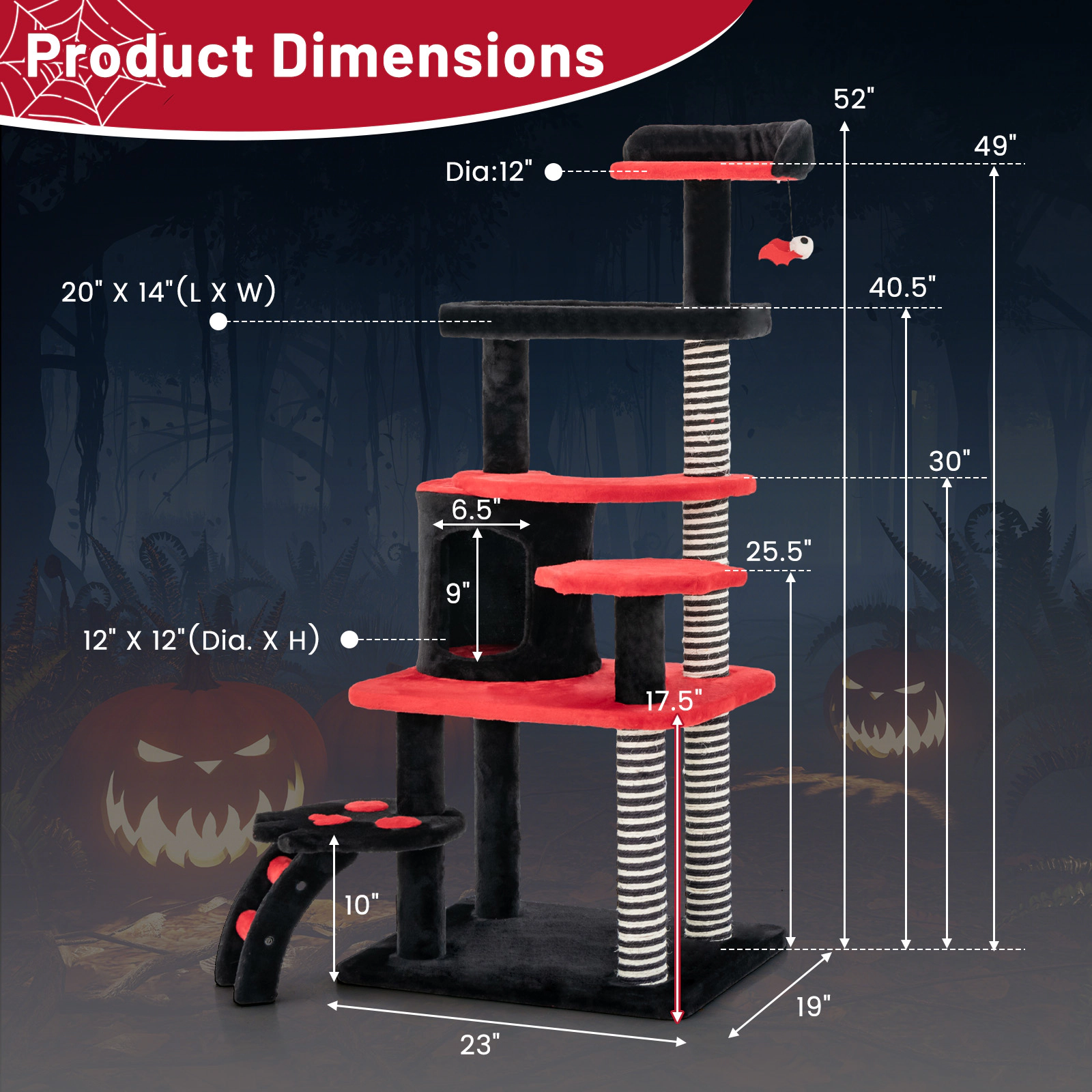 SUGIFT Black and Red 52 in Gothic Cat Tree with Cat Bed Condo and Sisal Post