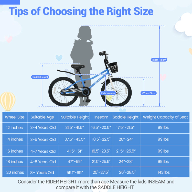 Hivvago 20 Inch Kids Bike Adjustable with Kickstand and Storage Basket for Aged 8+ Years