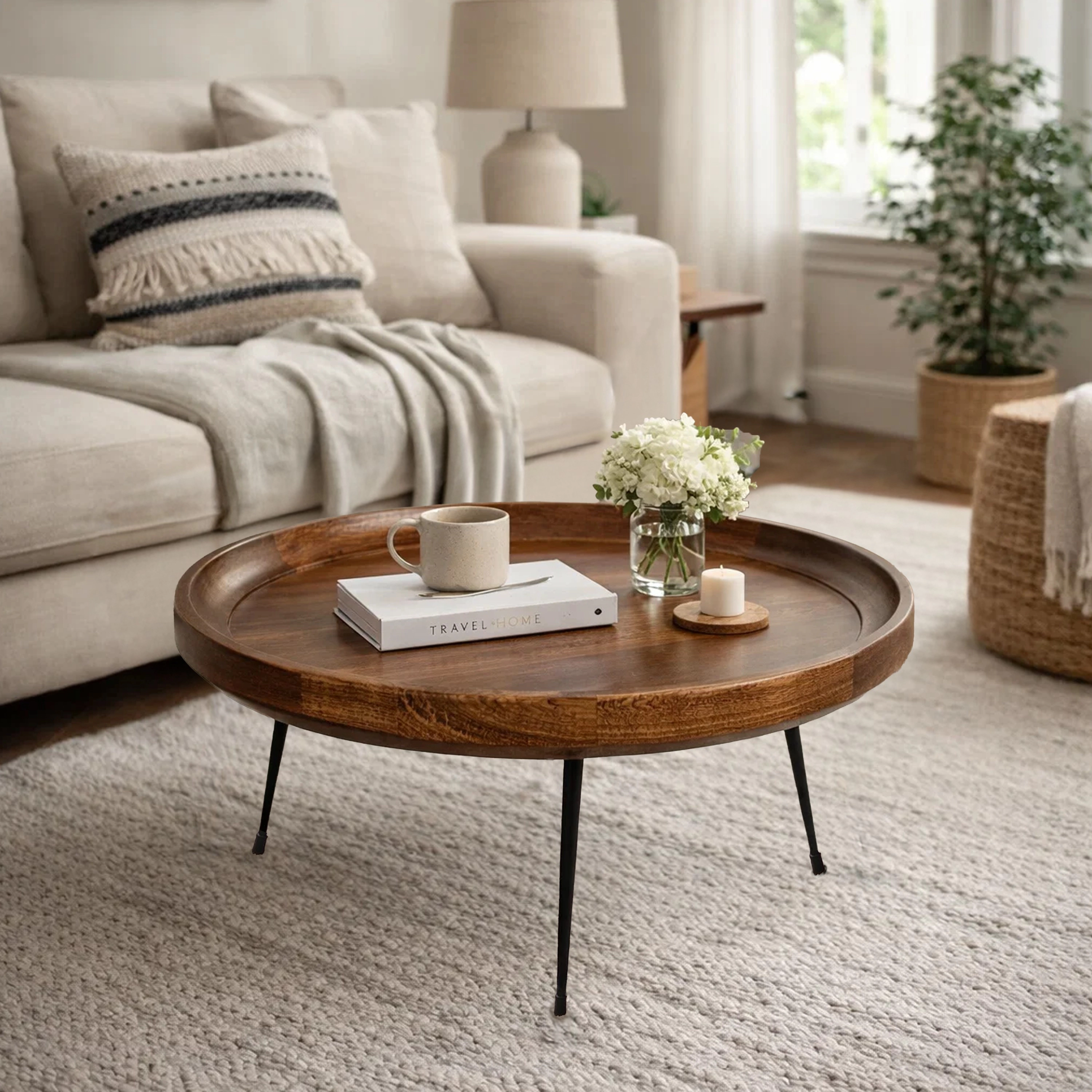 The Urban Port Handcrafted Round Mango Wood  Coffee Table with Tray Top,  Dark Walnut Brown, Black Iron Legs