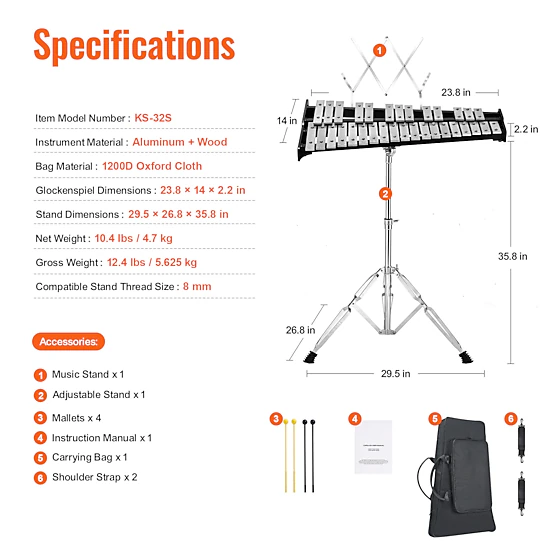 HONGGE Glockenspiel Xylophone Bell Kit, Professional Percussion Instrument Set with Mallets