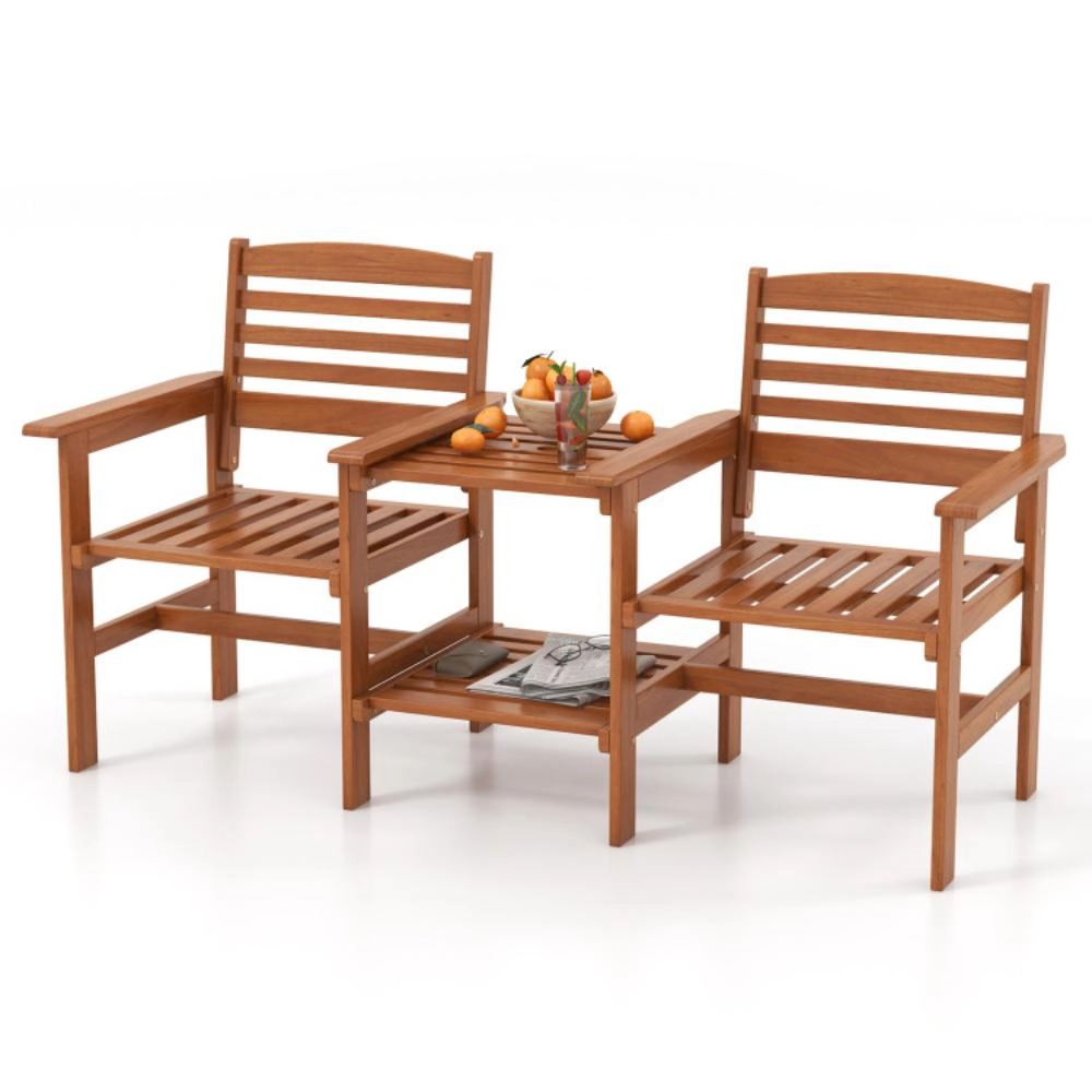 Hivvago Outdoor Patio Wood 2-Seat Conversation Set With Coffee Table And Umbrella Hole