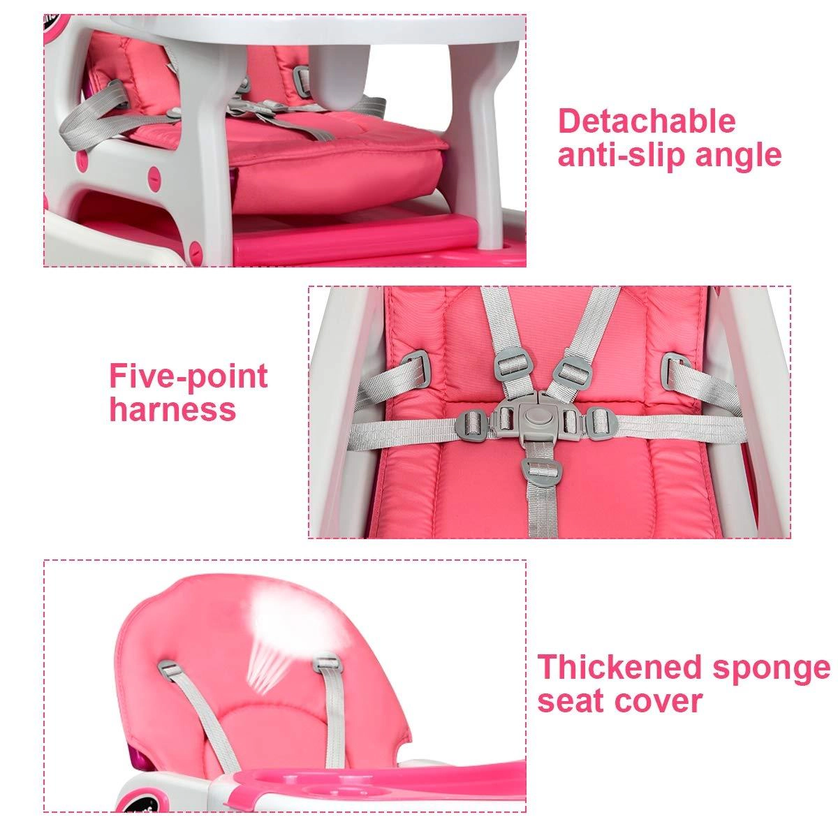 SUGIFT Pink Lockable Universal Wheels Rocking Base and Toddler Table 3-in-1 Baby High Chair