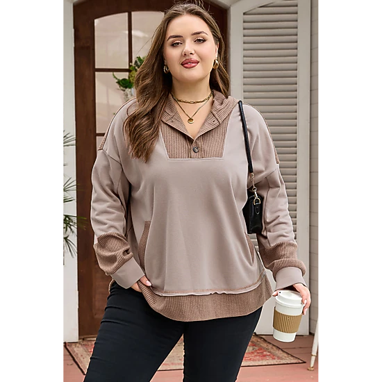 Threaded Pear Women's Goat Waffle Contrast Patchwork Plus Size Pocketed Hoodie