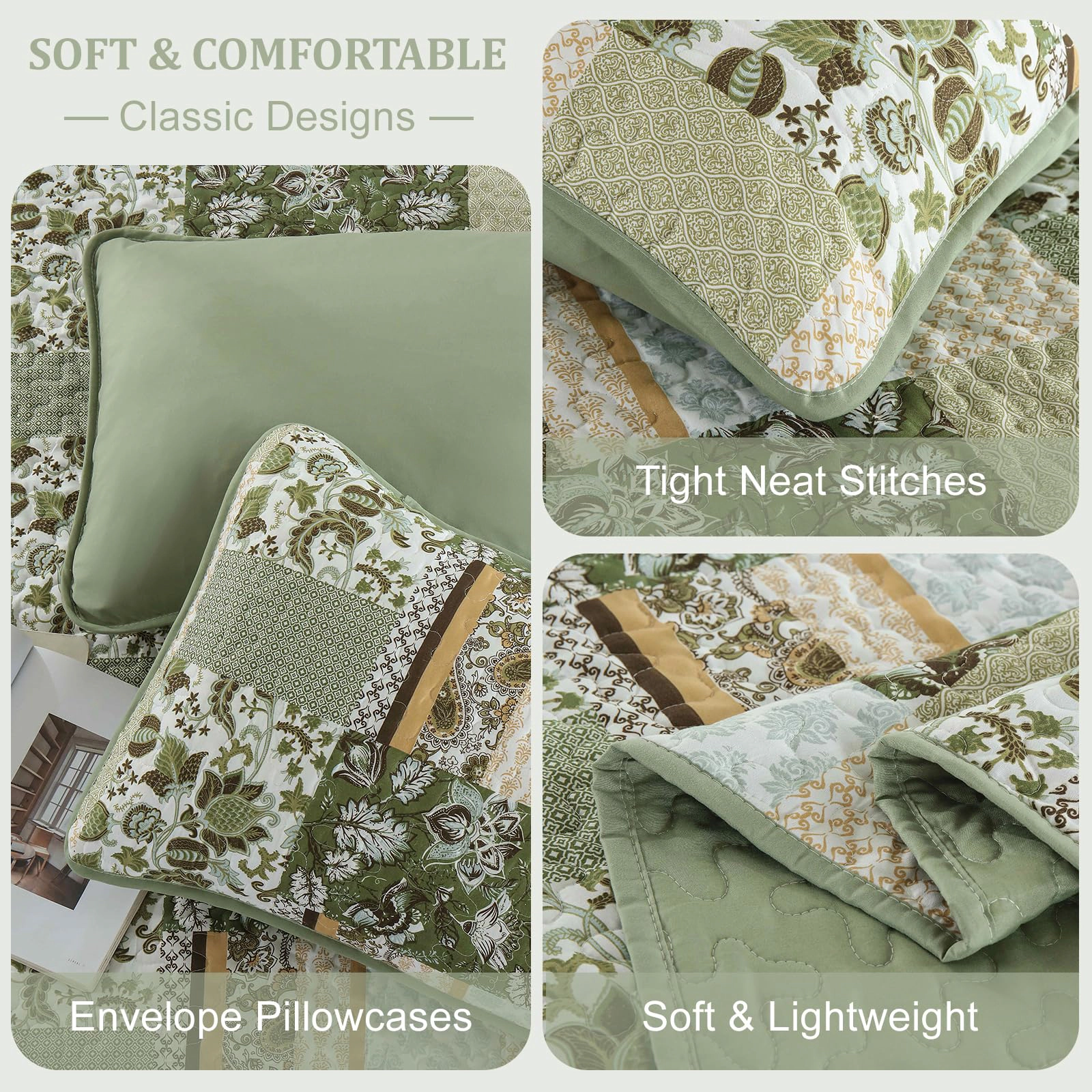 PUPWE Quilt Set King Size  Green Patchwork Bedspread With 2 Shams