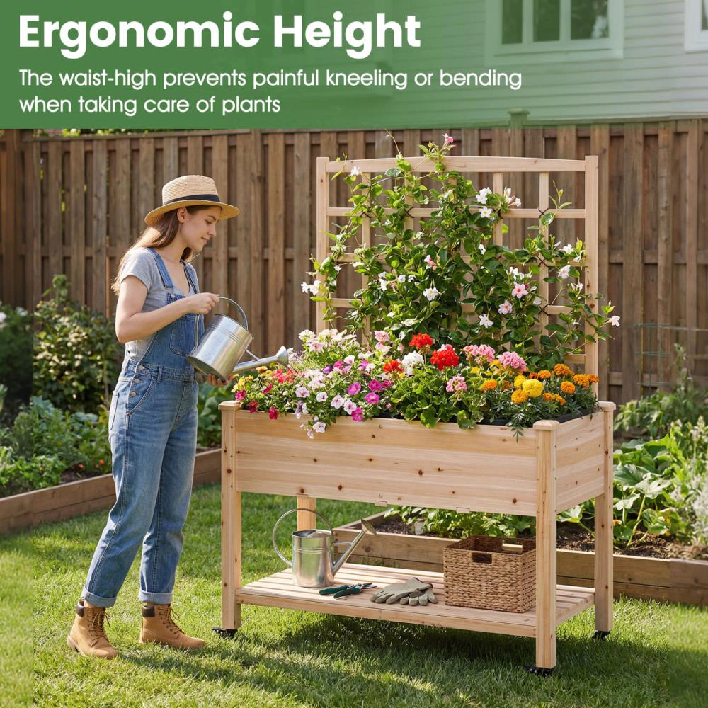 Hivvago Wooden Mobile Raised Garden Bed on Wheels with Trellis