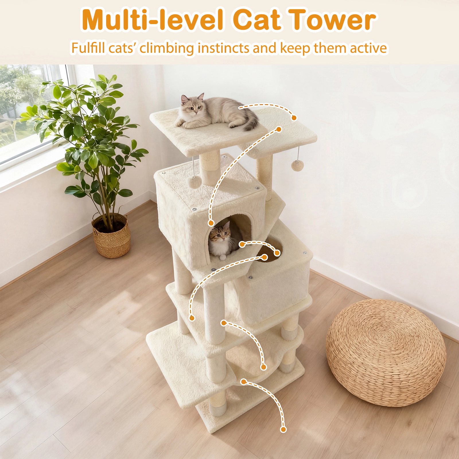 SUGIFT 57-in Beige Cat Tree Tower with 2 Condos Hammock Dangling Balls and 29-in Wide Weighted Base