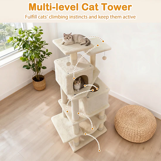SUGIFT 57-in Beige Cat Tree Tower with 2 Condos Hammock Dangling Balls and 29-in Wide Weighted Base