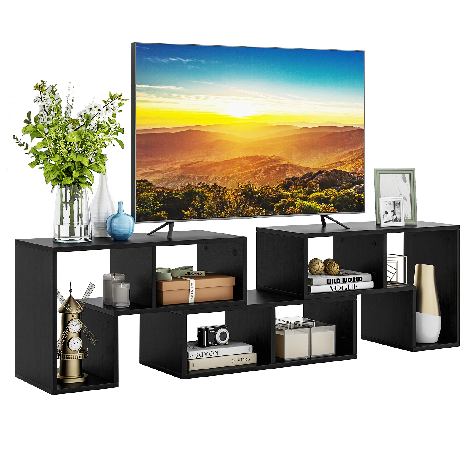 SUGIFT 3-Piece Black TV Stand for TVs up to 65 Inches, 6 Open Storage Bays