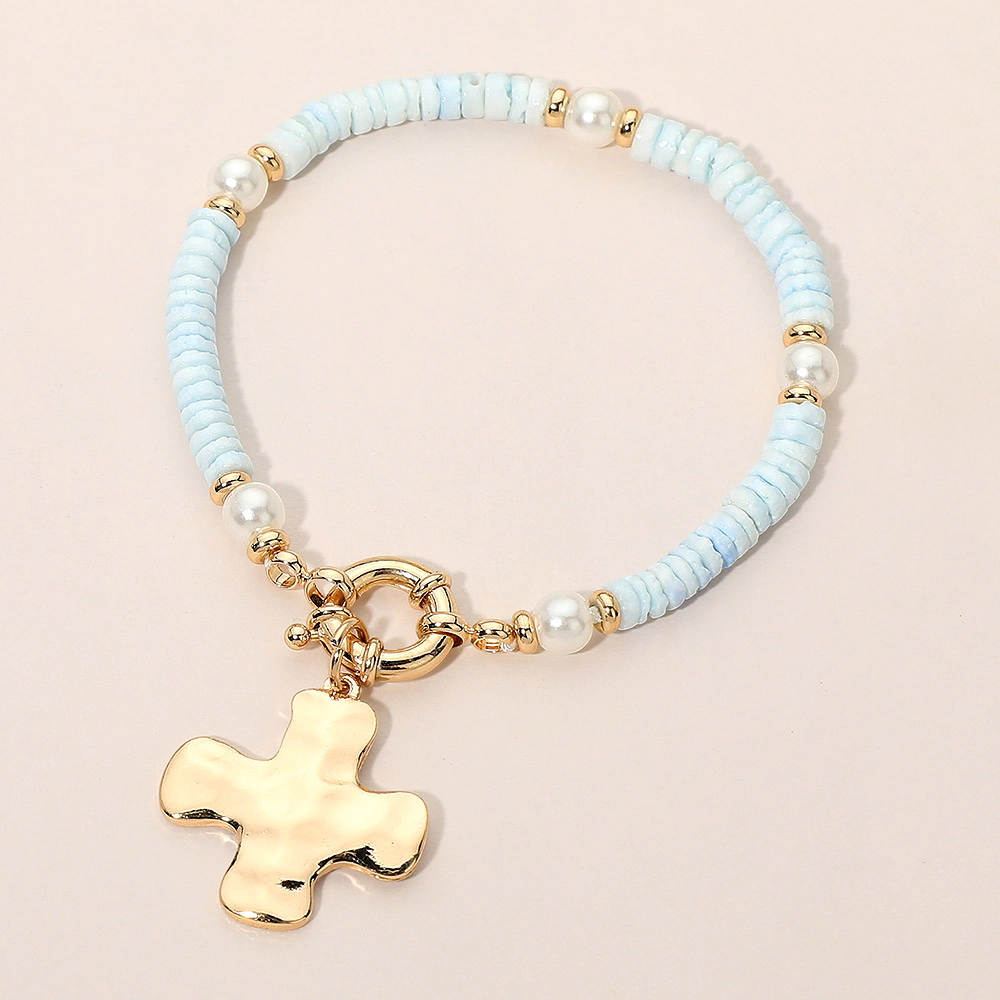 FASHNZFAB Hammered Metal Cross Charm Pearl Beaded Bracelet