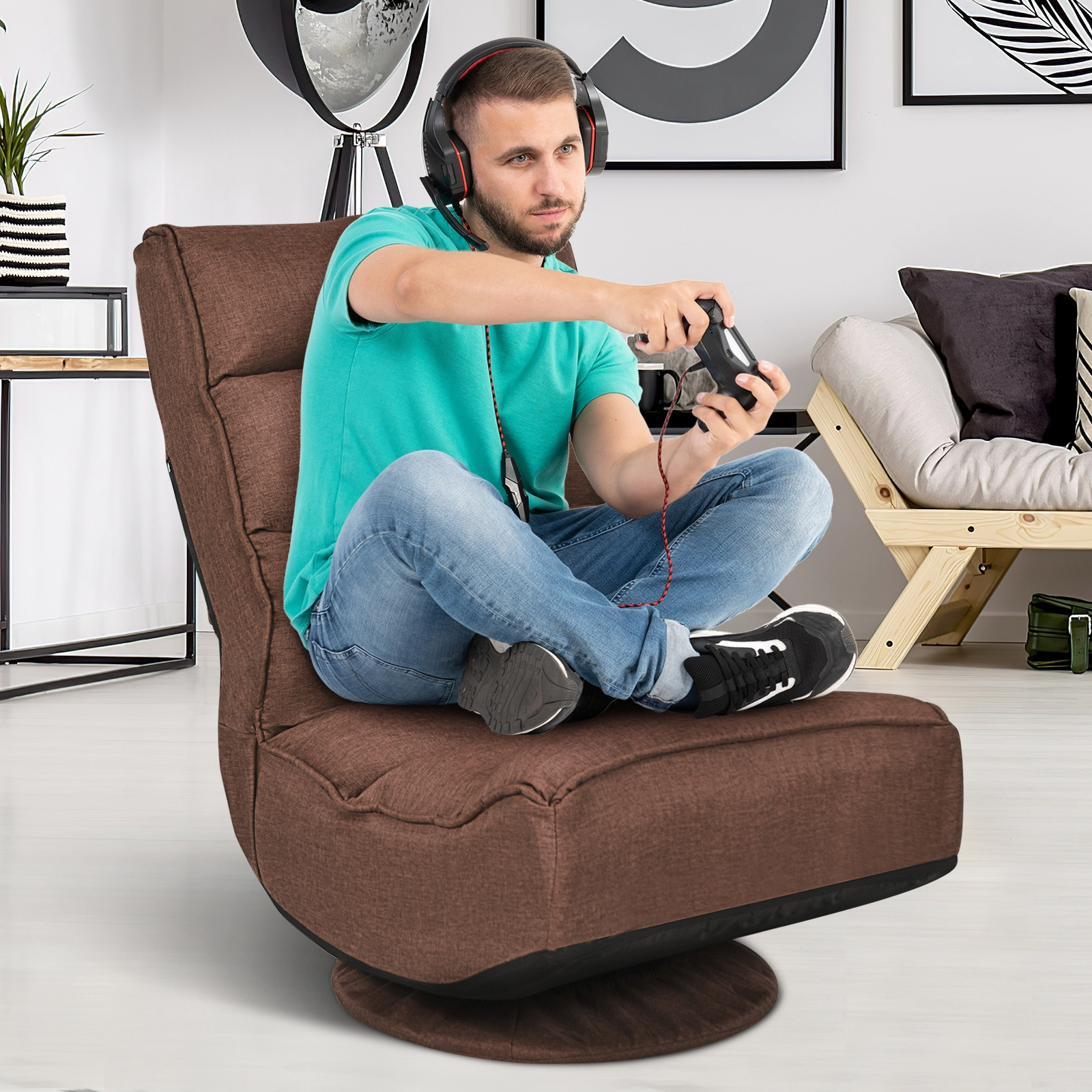 SUGIFT Rustic Brown Folding Floor Gaming Chair, 360-Degree Swivel, 5-Position Backrest, 300-Lb Capacity