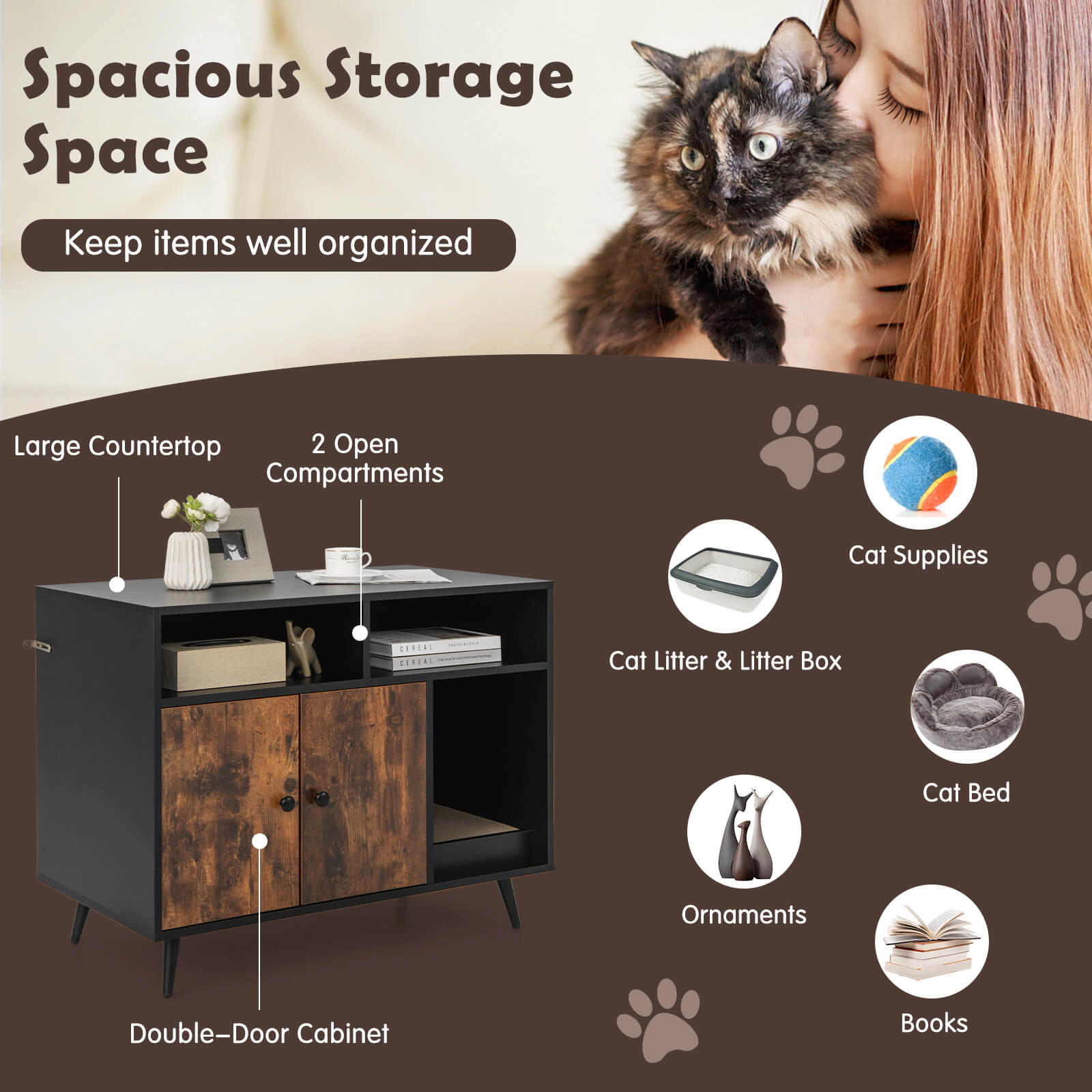 SUGIFT Black Cat Litter Box Enclosure with 2 Open Compartments 35-in W 19.5-in D 27.5-in H 66-lb Cabinet Capacity