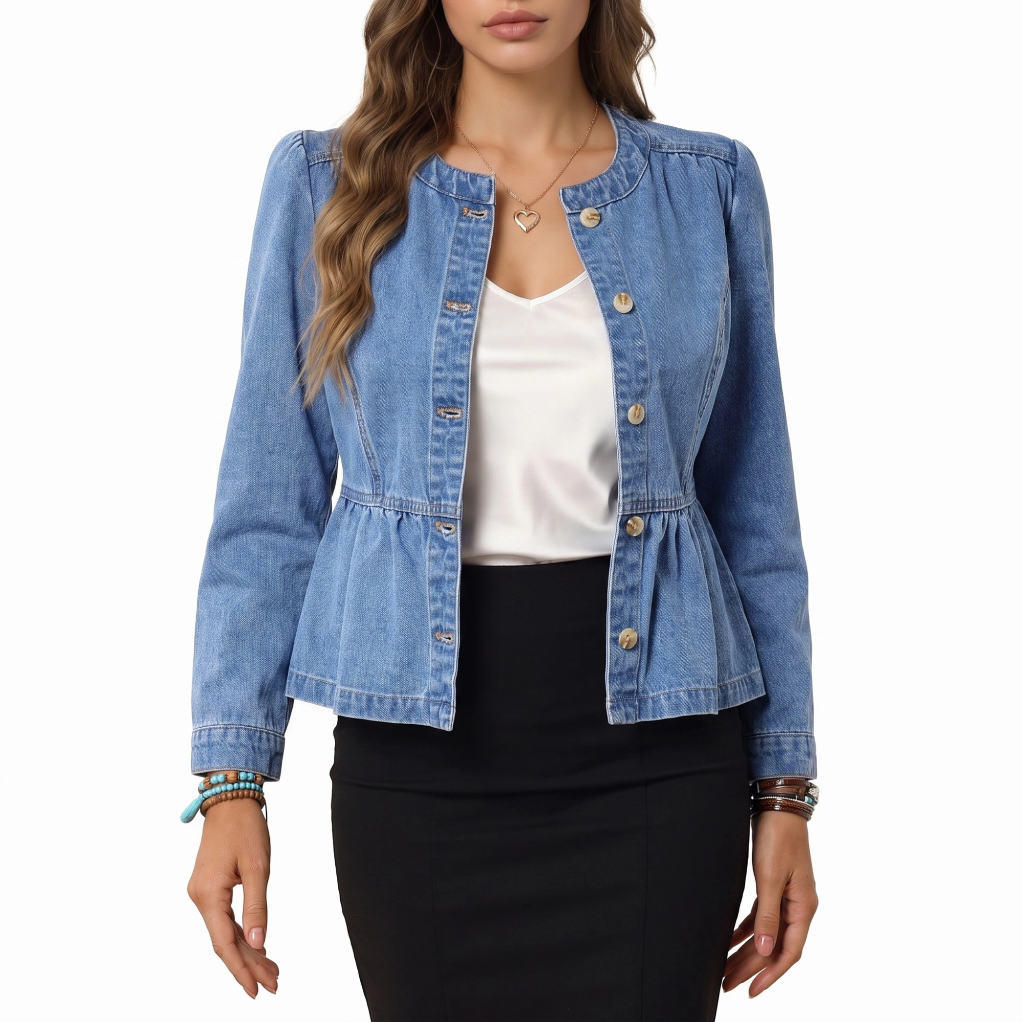 Anna-Kaci Women's Peplum Denim Jacket Long Sleeve Button Front Jean Blazer