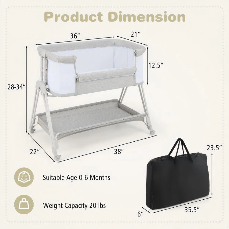 SUGIFT Portable Bedside Sleeper Bassinet with 7 Adjustable Heights 20-lb Capacity Ages 0-6 Months Gray/Black