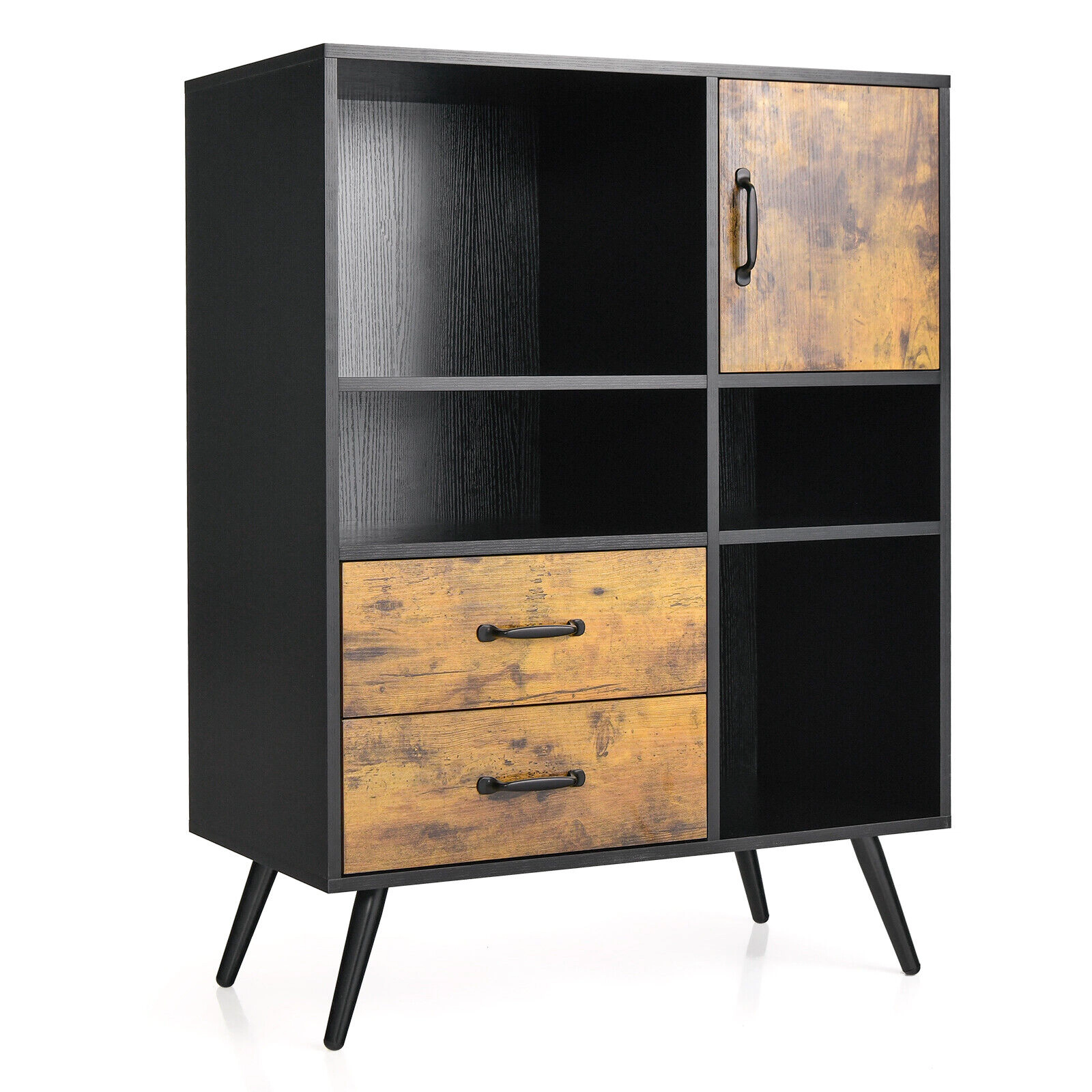 SUGIFT Industrial Buffet Sideboard Kitchen Cupboard with Cubbies and Drawers 110-lb Tabletop Rustic Brown and Black