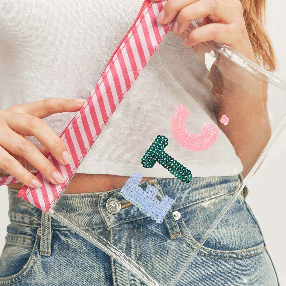FASHNZFAB ETC Sequin Message Wristlet Transparent Clutch Bag