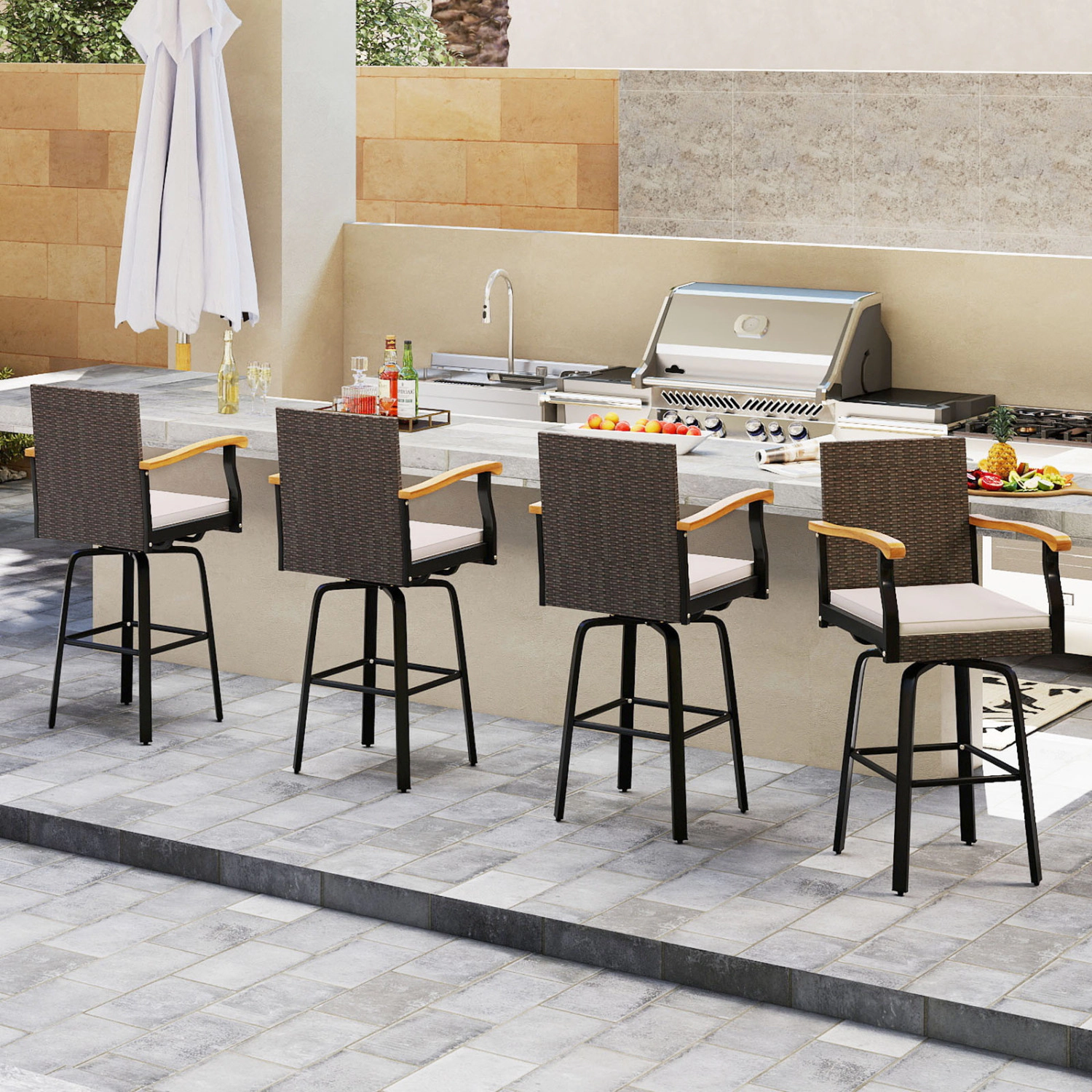 LJG Outdoor 360° Swivel Bar Stool with Cushion and Acacia Wood Armrests-F