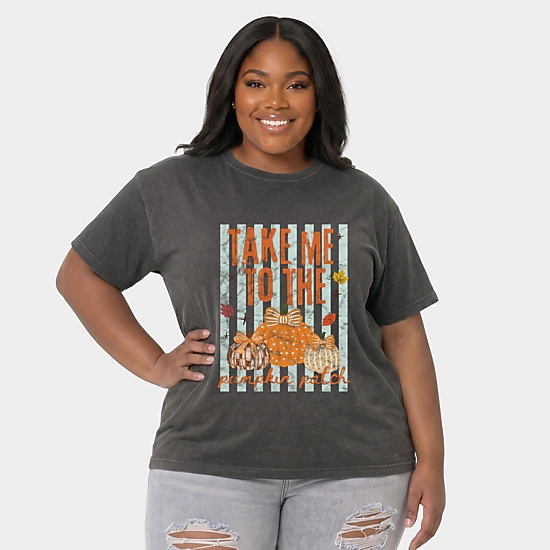 Simply Sage Market - Women's Plus Sized Garment Dyed Graphic T-Shirt - Take Me to the Pumpkin Patch Stripes