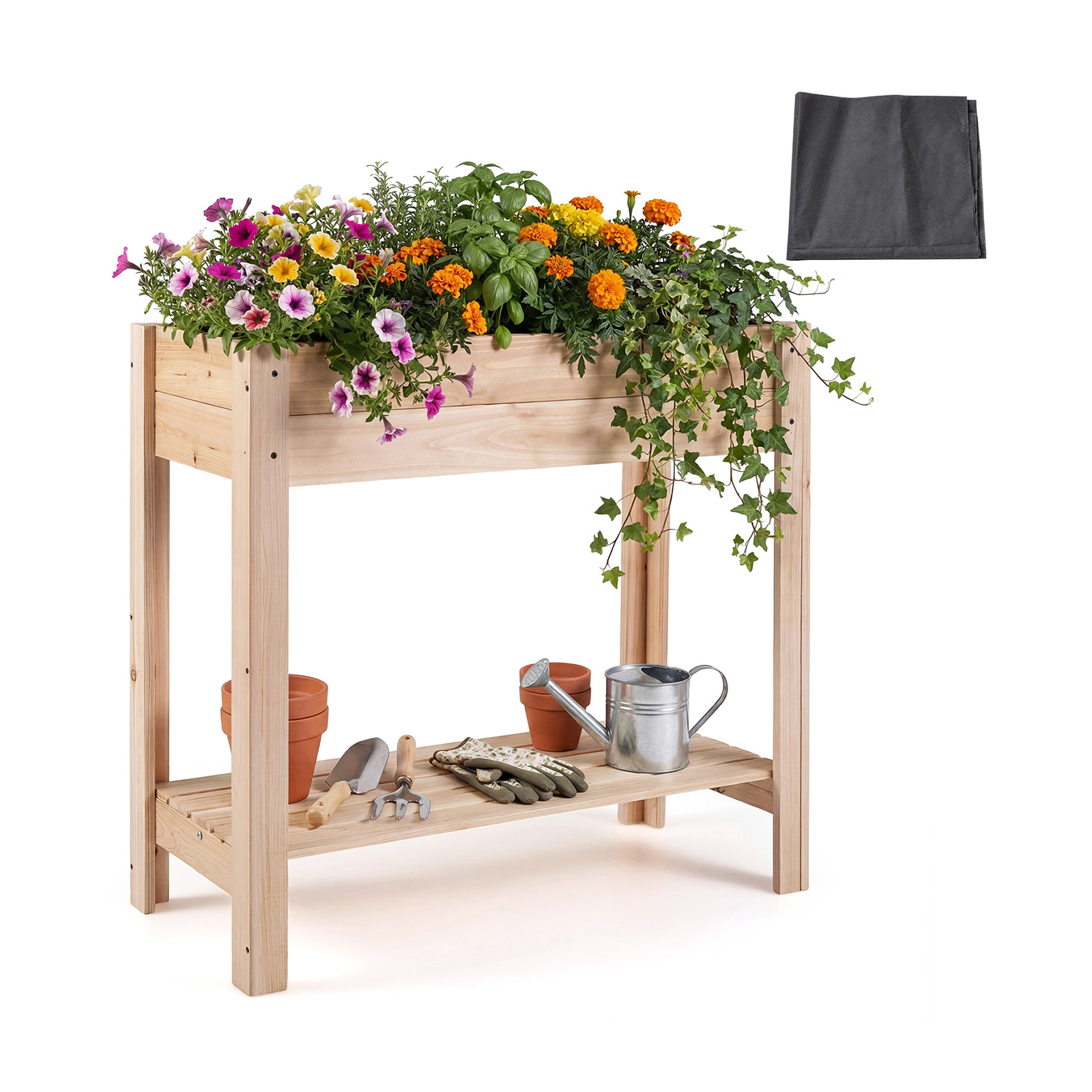 SUGIFT Waist-High Raised Garden Bed with Legs and Storage Shelf 66-lb Tier Capacity Natural